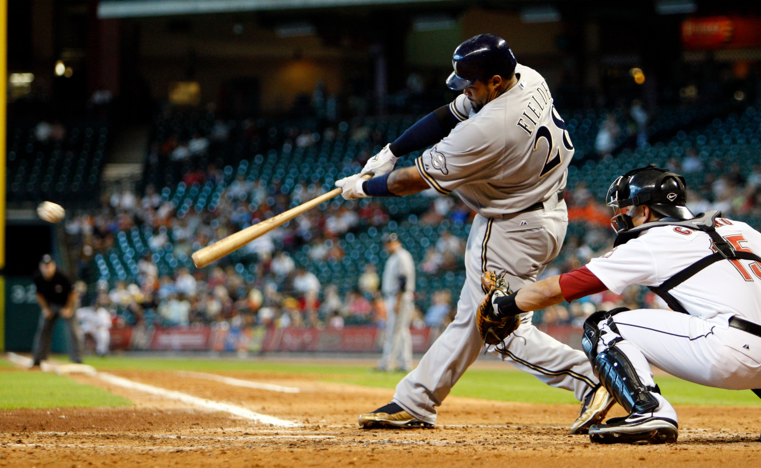 HOUSTON - SEPTEMBER 15: Prince Fielder #28 of the Milwaukee Brewers hits a soft line drive to left field in the fifth inning against the Houston Astros on September 15, 2010 in Houston, Texas. (Photo by Bob Levey/Getty Images) HOUSTON - SEPTEMBER 15: Prince Fielder #28 of the Milwaukee Brewers hits a soft line drive to left field in the fifth inning against the Houston Astros on September 15, 2010 in Houston, Texas. (Photo by Bob Levey/Getty Images)