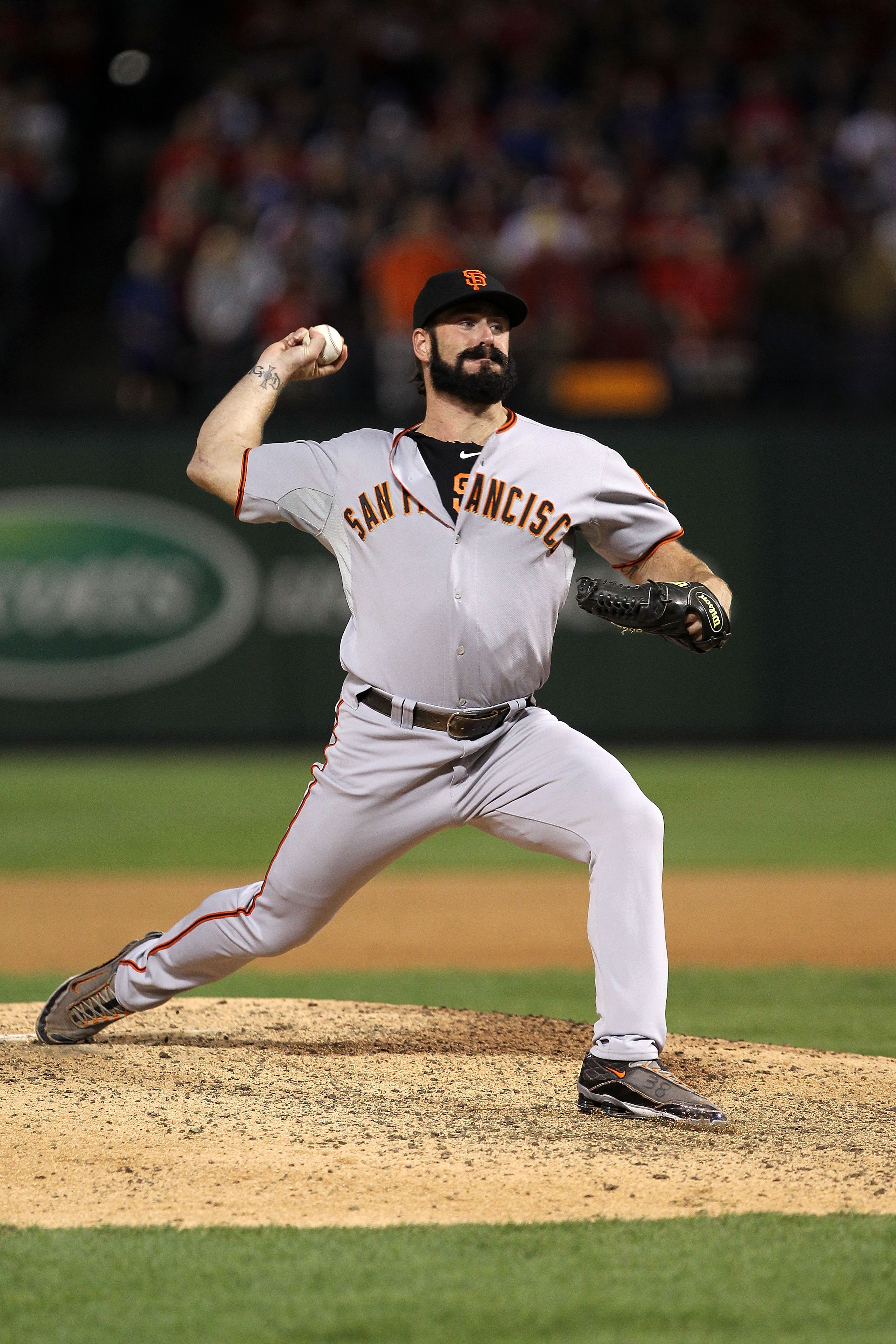 ARLINGTON, TX - NOVEMBER 01: Brian Wilson #38 of the San Francisco Giants pitchers against the Texas Rangers in Game Five of the 2010 MLB World Series at Rangers Ballpark in Arlington on November 1, 2010 in Arlington, Texas. (Photo by Doug Pensinger/Get ARLINGTON, TX - NOVEMBER 01: Brian Wilson #38 of the San Francisco Giants pitchers against the Texas Rangers in Game Five of the 2010 MLB World Series at Rangers Ballpark in Arlington on November 1, 2010 in Arlington, Texas. (Photo by Doug Pensinger/Get