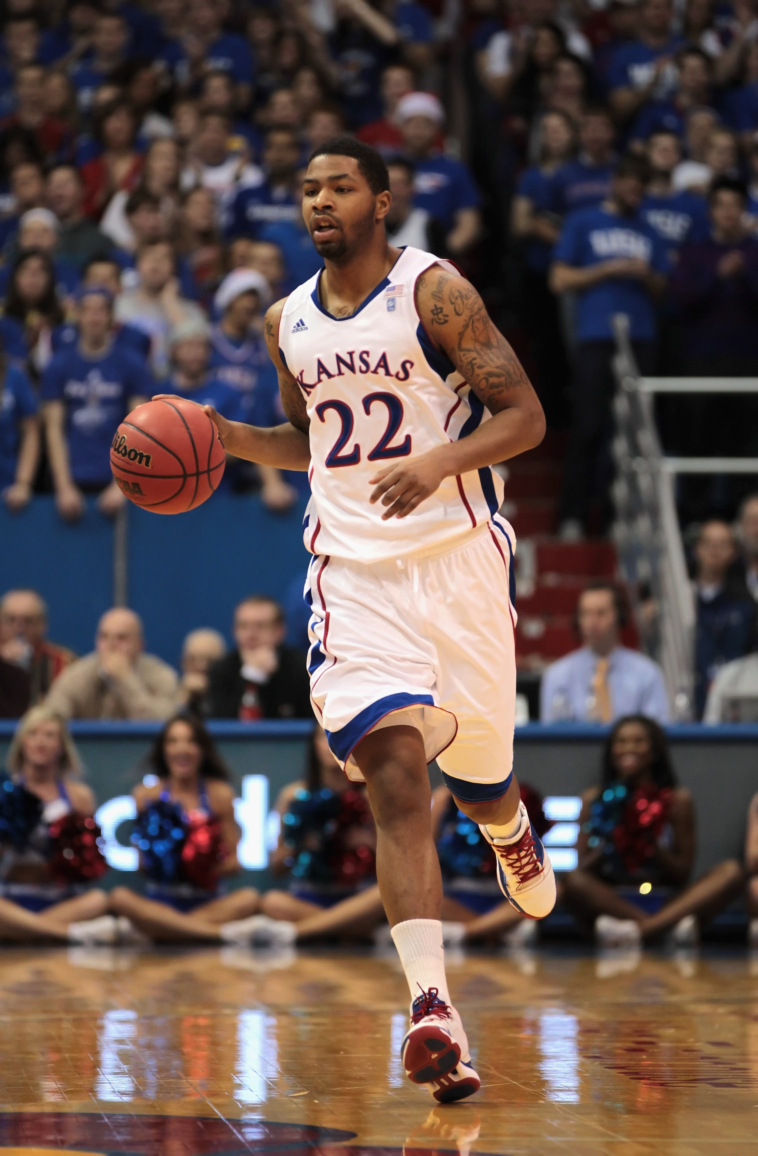 LAWRENCE, KS - DECEMBER 18:  Marcus Morris #22 of the Kansas Jayhawks in action during the game against the USC Trojans on December 18, 2010 at Allen Fieldhouse in Lawrence, Kansas.  (Photo by Jamie Squire/Getty Images)