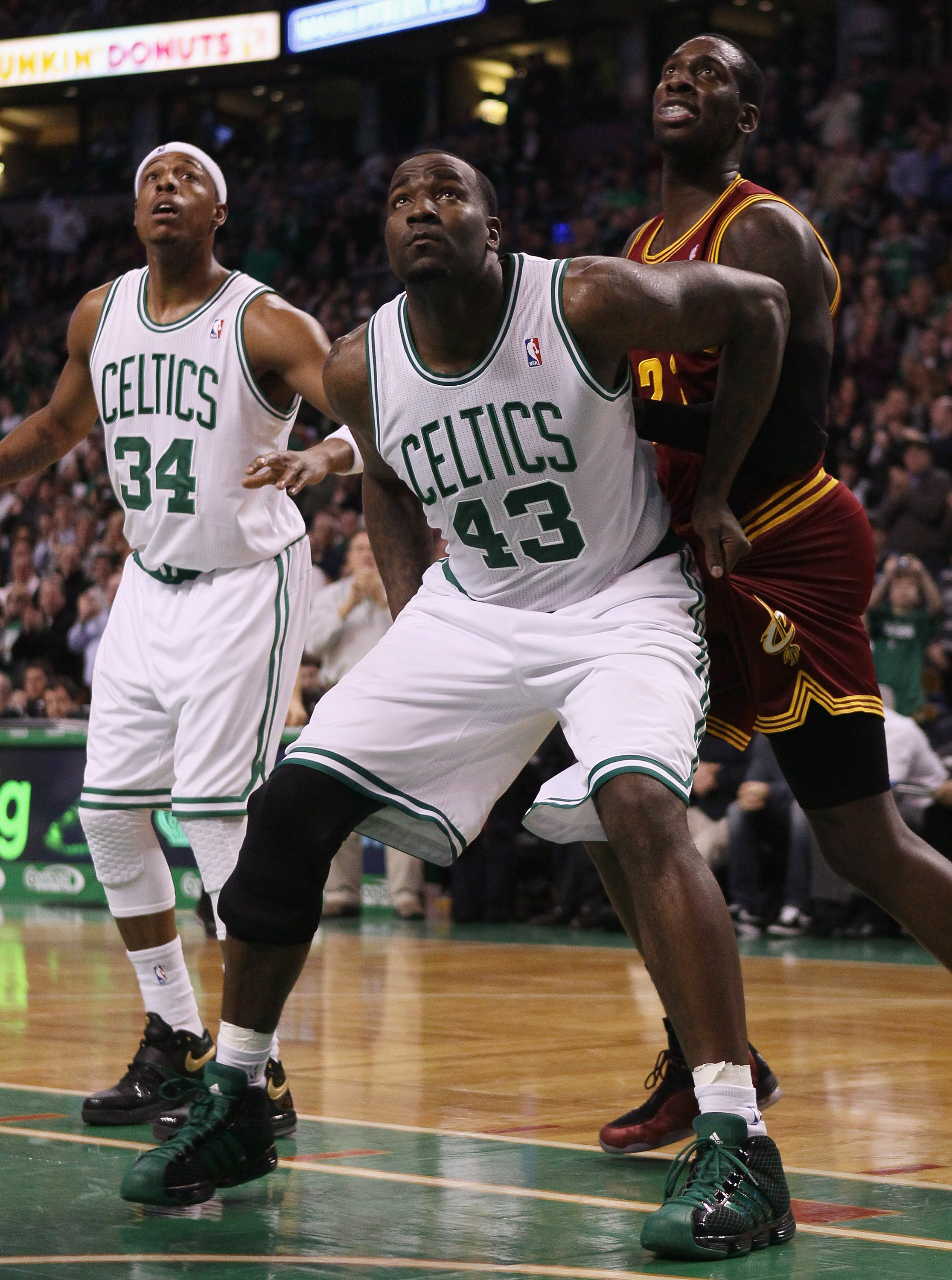 BOSTON, MA - JANUARY 25:  Kendrick Perkins #43  of the Boston Celtics blocks a shot as J.J. Hickson #21 of the of the Cleveland Cavaliers stands by on January 25, 2011 at the TD Garden in Boston, Massachusetts.   NOTE TO USER: User expressly acknowledges