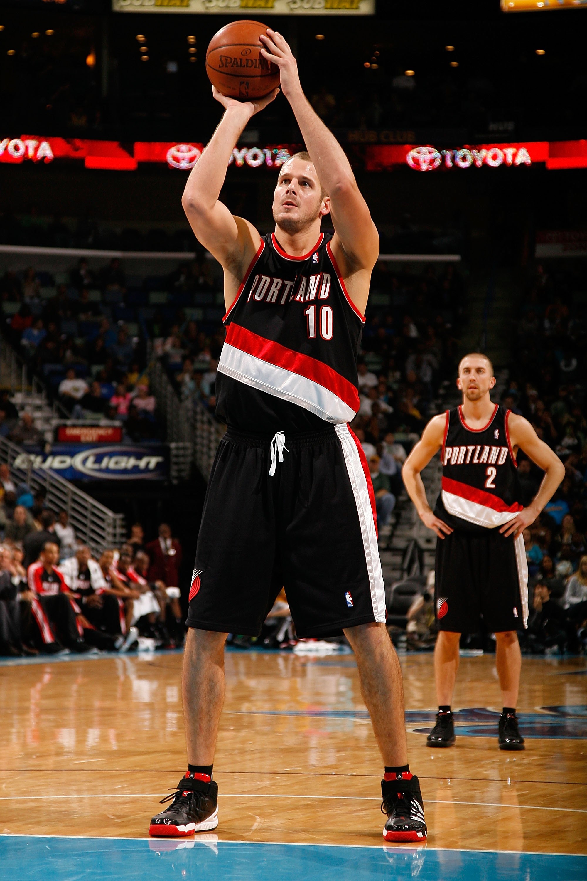NEW ORLEANS - NOVEMBER 13:  Joel Przybilla #10 of the Portland Trail Blazers shoots a free throw against the New Orleans Hornets at the New Orleans Arena on November 13, 2009 in New Orleans, Louisiana.  NOTE TO USER: User expressly acknowledges and agrees