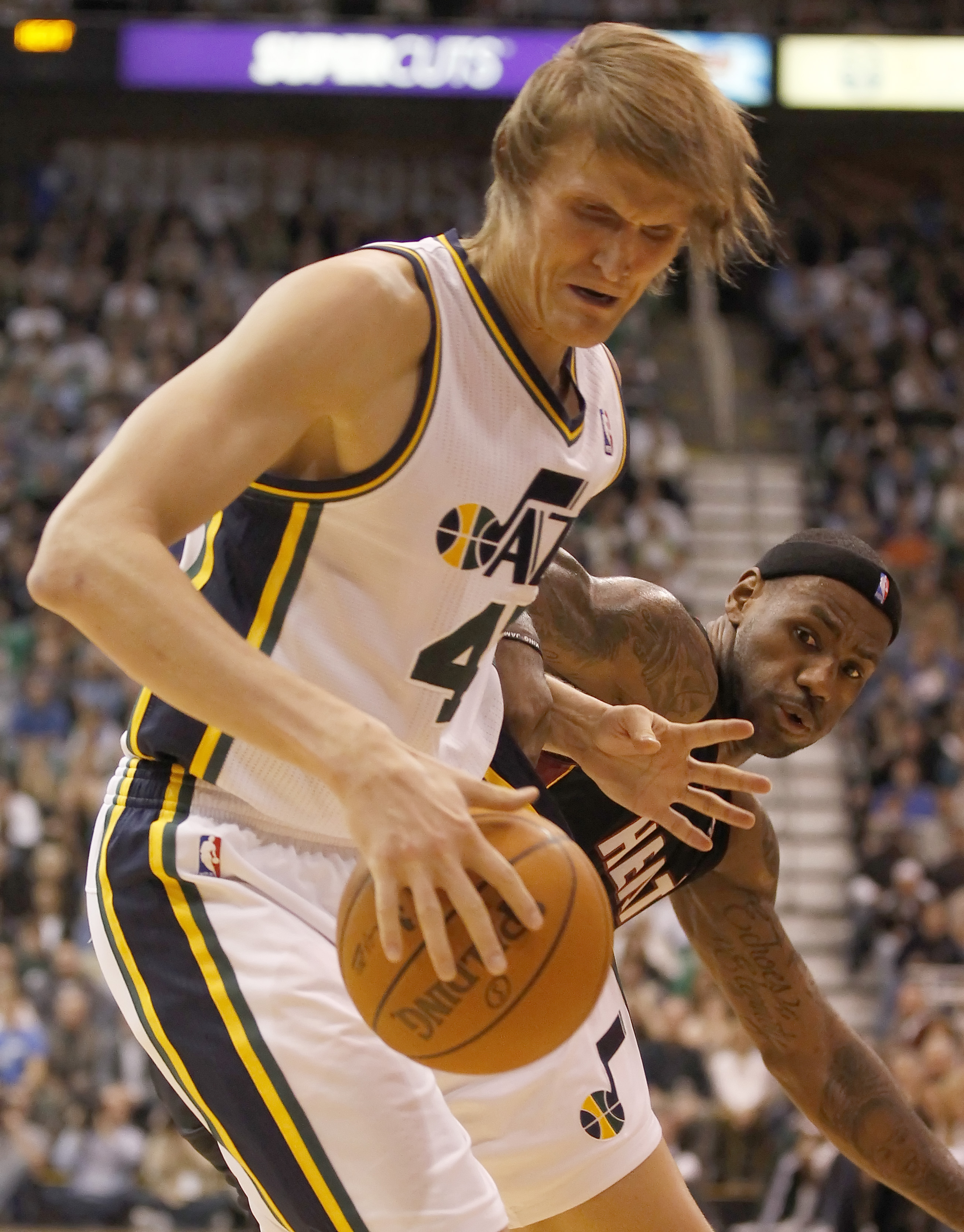 SALT LAKE CITY, UT - DECEMBER 8:  Andrei Kirilenko #47 of the Utah Jazz has the ball knocked away by LeBron James #6 of the Miami Heat during the second half of an NBA game December 8, 2010 at Energy Solutions Arena in Salt Lake City, Utah. The Heat beat