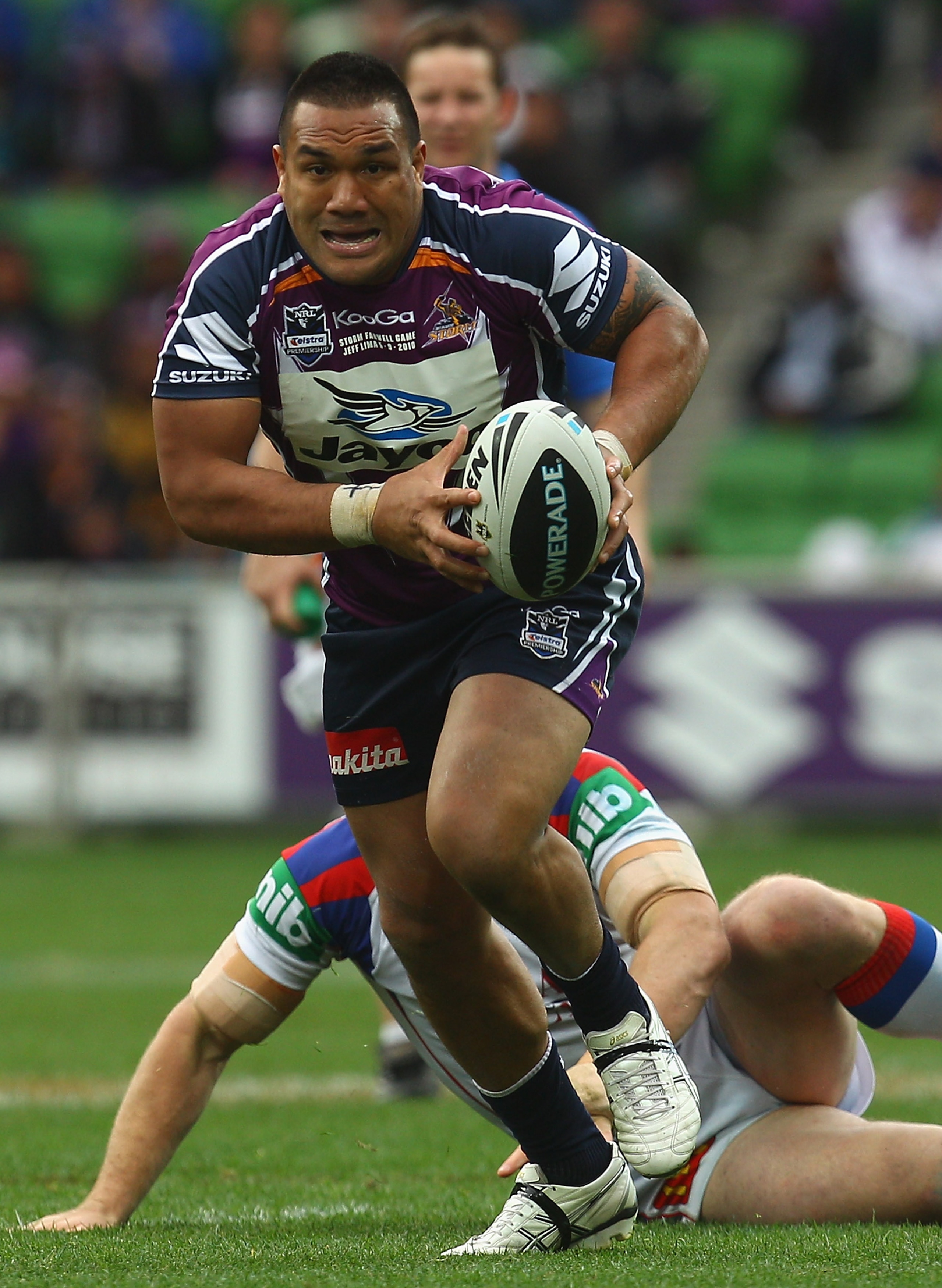 MELBOURNE, AUSTRALIA - SEPTEMBER 05:  Jeff Lima of the Storm runs with the ball during the round 26 NRL match between the Melbourne Storm and the Newcastle Knights at AAMI Park on September 5, 2010 in Melbourne, Australia.  (Photo by Quinn Rooney/Getty Im