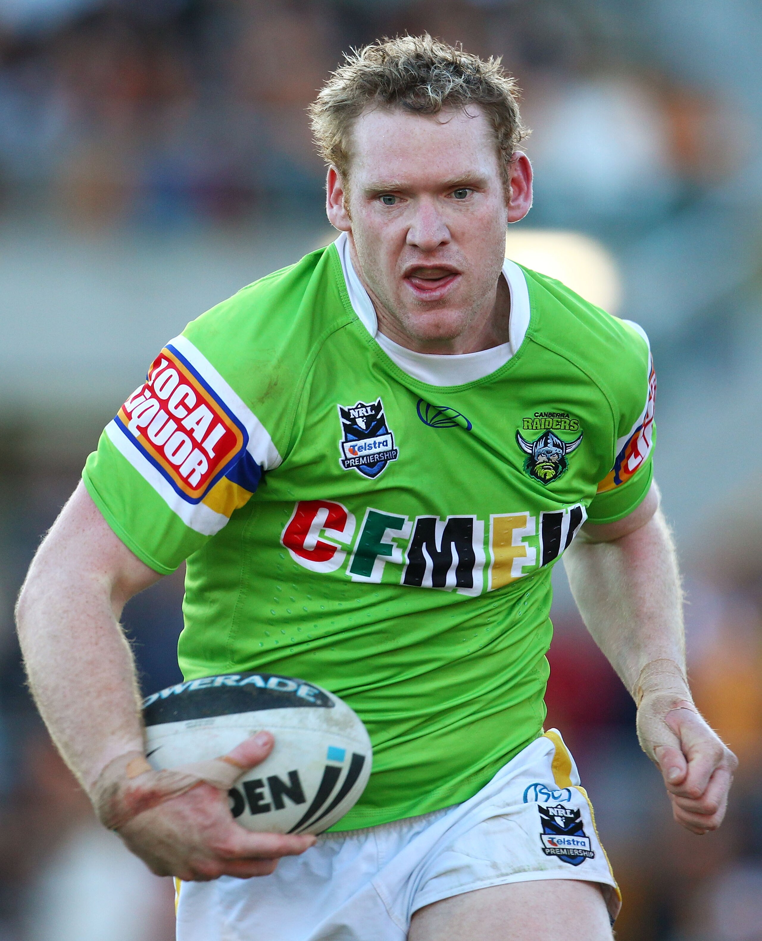 SYDNEY, AUSTRALIA - JUNE 20: Joel Monaghan of the Raiders runs the ball during the round 15 NRL match between the Wests Tigers and the Canberra Raiders at Leichhardt Oval on June 20, 2010 in Sydney, Australia.  (Photo by Mark Nolan/Getty Images)