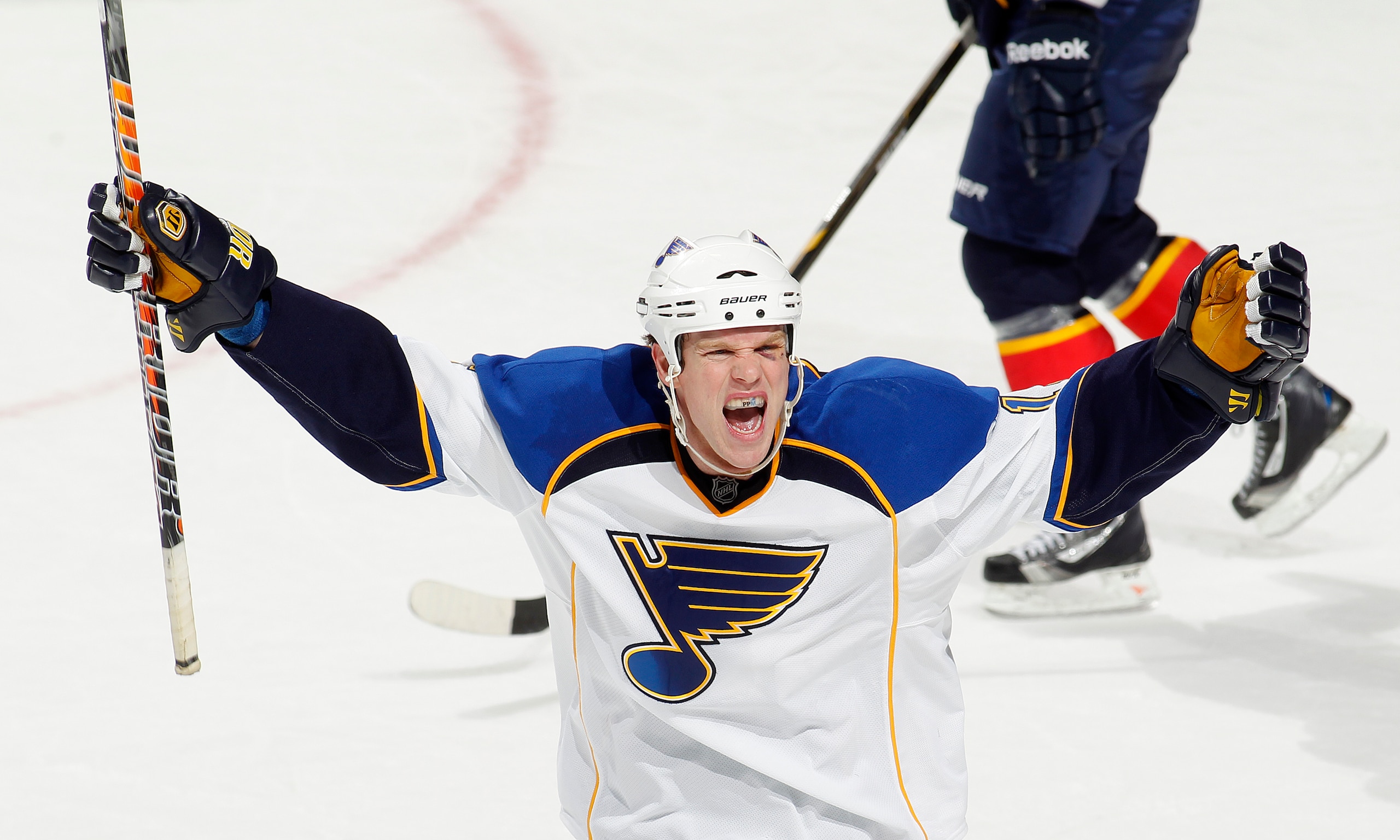 SUNRISE, FL - FEBRUARY 8: Brad Winchester #15 celebrates the goal by Matt D'Agostini #36 (not pictured) of the St Louis Blues against the Florida Panthers on February 8, 2011 at the BankAtlantic Center in Sunrise, Florida. The Blues defeated the Panthers
