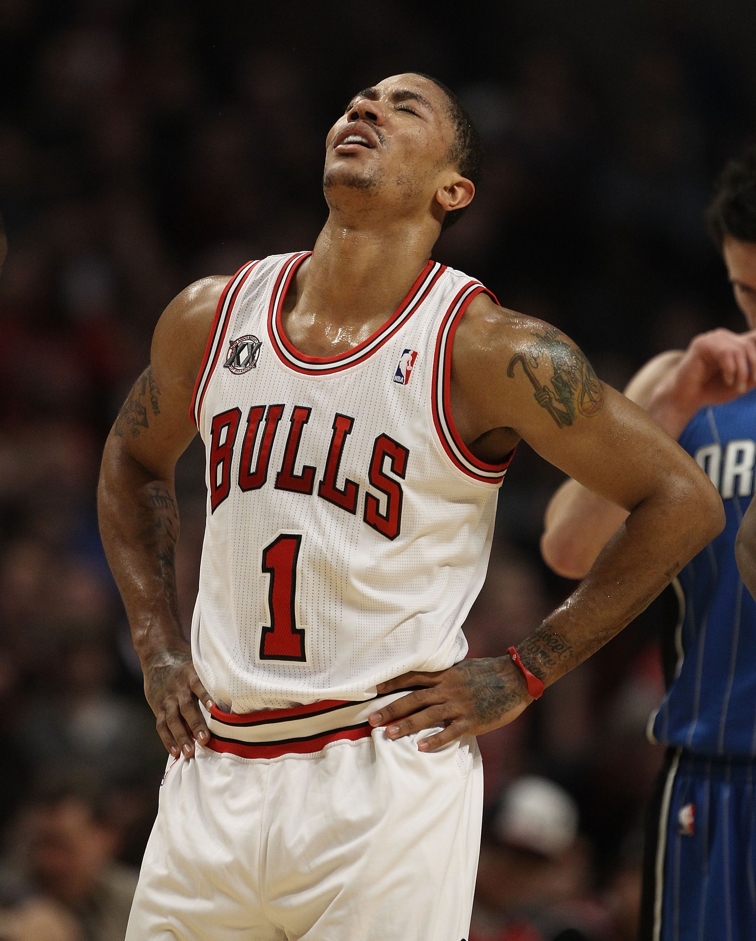 CHICAGO, IL - JANUARY 28: Derrick Rose #1 of the Chicago Bulls reacts after being fouled during a game against the Orlando Magic at the United Center on January 28, 2011 in Chicago, Illinois. The Bulls defeated the Magic 99-90. NOTE TO USER: User expressl