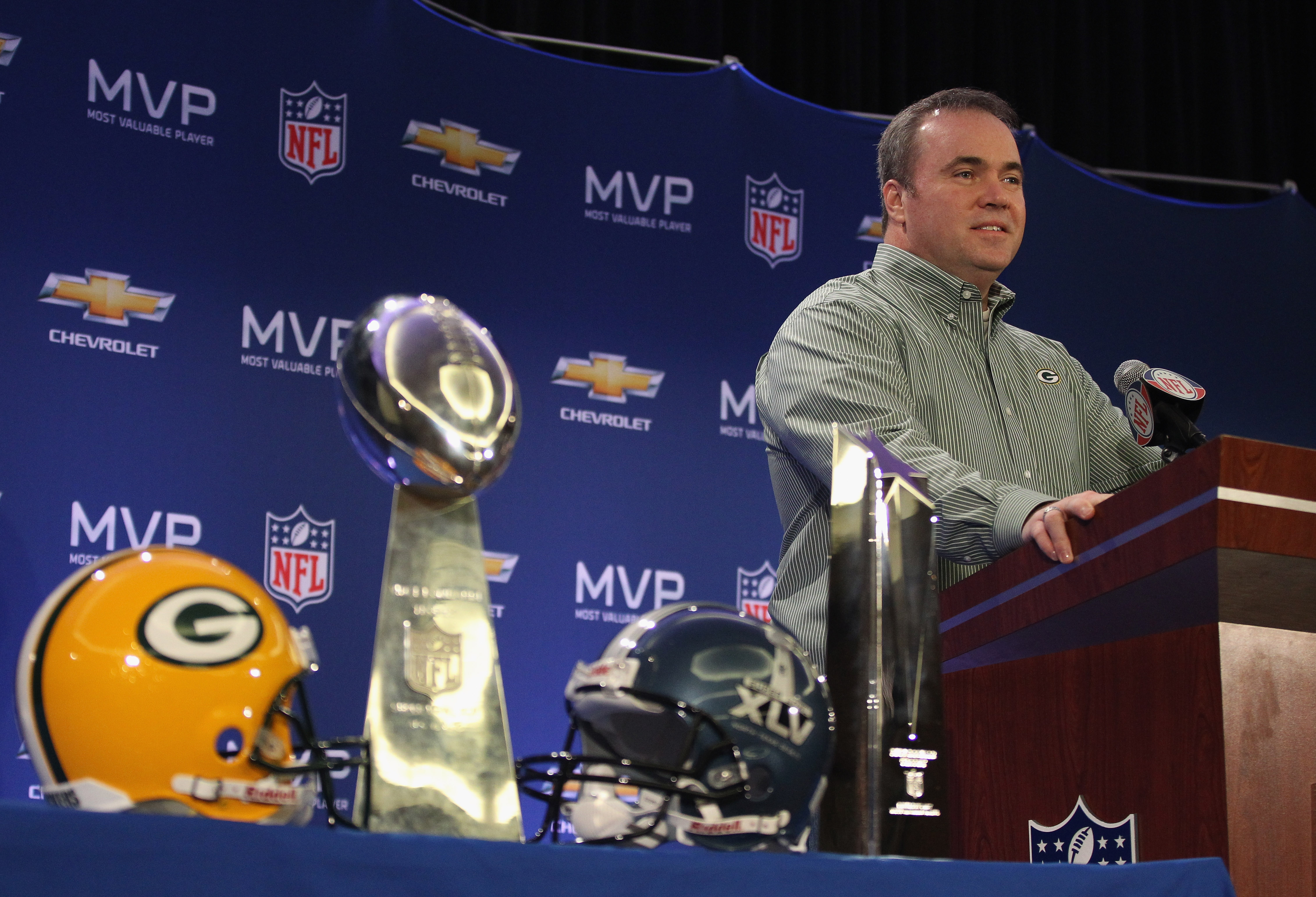 DALLAS, TX - FEBRUARY 07:  Head coach Mike McCarthy of the Green Bay Packers speaks to the media during a press conference at Super Bowl XLV Media Center on February 7, 2011 in Dallas, Texas.  (Photo by Streeter Lecka/Getty Images)
