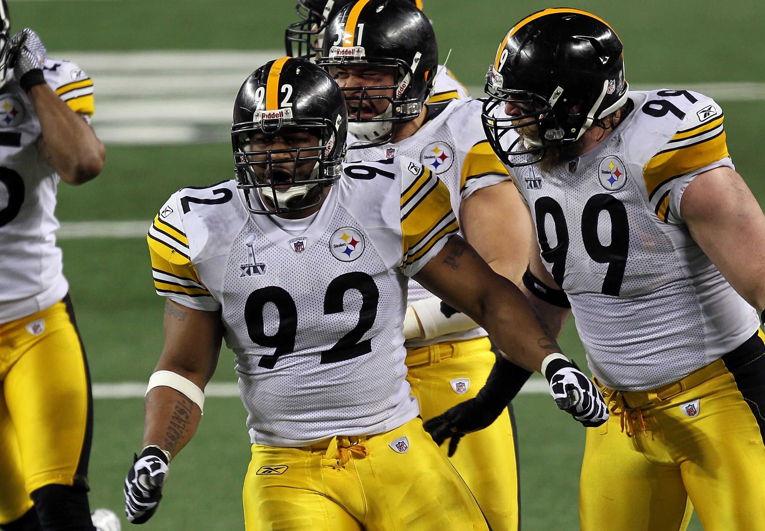ARLINGTON, TX - FEBRUARY 06: James Harrison #92 of the Pittsburgh Steelers celebrates after a sack against the Green Bay Packers during Super Bowl XLV at Cowboys Stadium on February 6, 2011 in Arlington, Texas. (Photo by Mike Ehrmann/Getty Images) ARLINGTON, TX - FEBRUARY 06: James Harrison #92 of the Pittsburgh Steelers celebrates after a sack against the Green Bay Packers during Super Bowl XLV at Cowboys Stadium on February 6, 2011 in Arlington, Texas. (Photo by Mike Ehrmann/Getty Images)