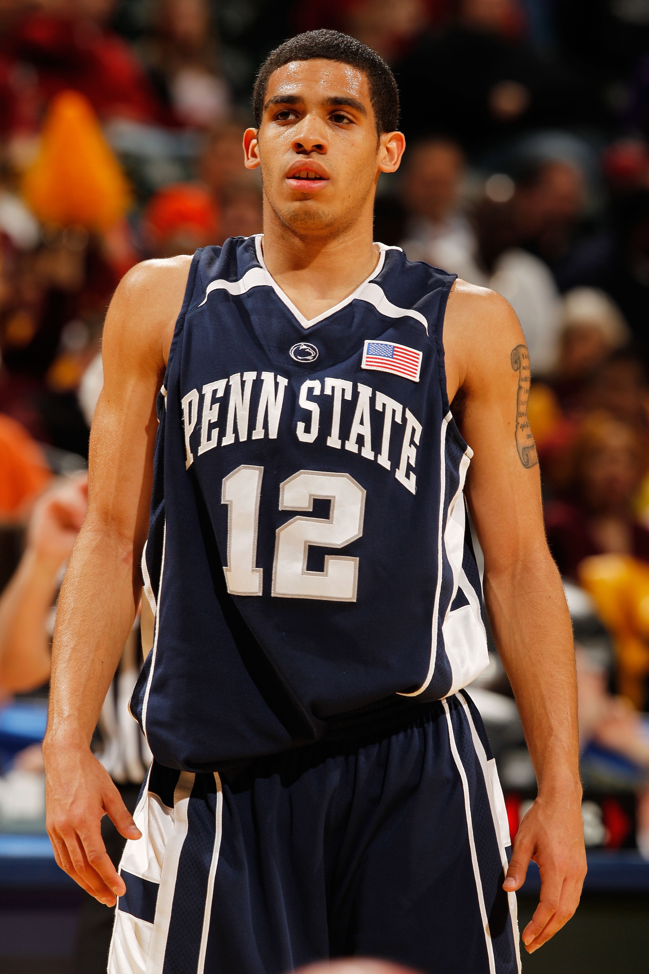 INDIANAPOLIS - MARCH 11:  Guard Talor Battle #12 of the Penn State Nittany Lion stands on the court during the game against the Minnesota Golden Gophers in the first round of the Big Ten Men's Basketball Tournament at Conseco Fieldhouse on March 11, 2010