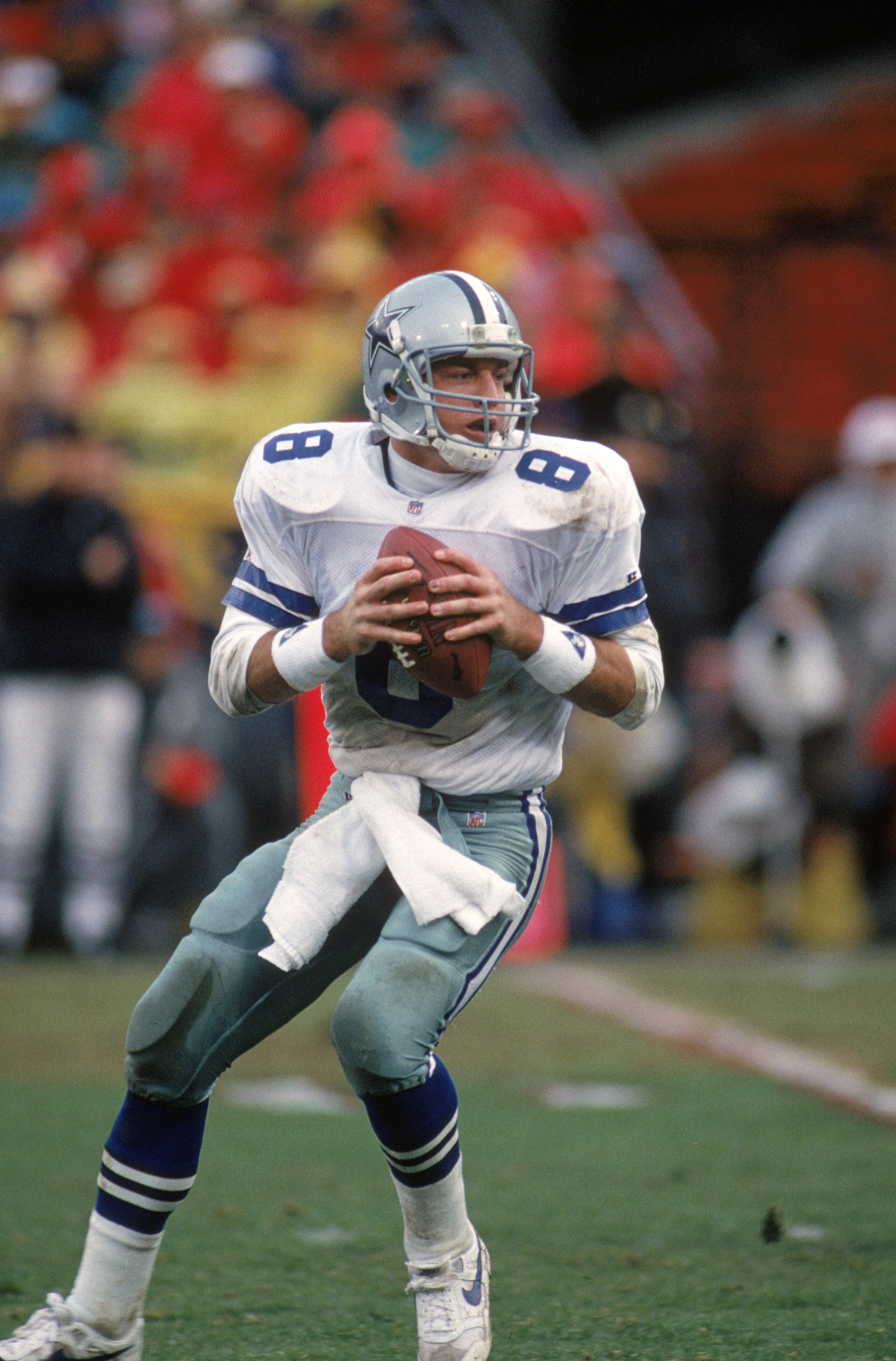SAN FRANCISCO - JANUARY 17:  Quarterback Troy Aikman #8 of the Dallas Cowboys looks to pass during the 1992 NFC Conference Championship game against the San Francisco 49ers at Candlestick Park on January 17, 1993 in San Francisco, California.  The Cowboys
