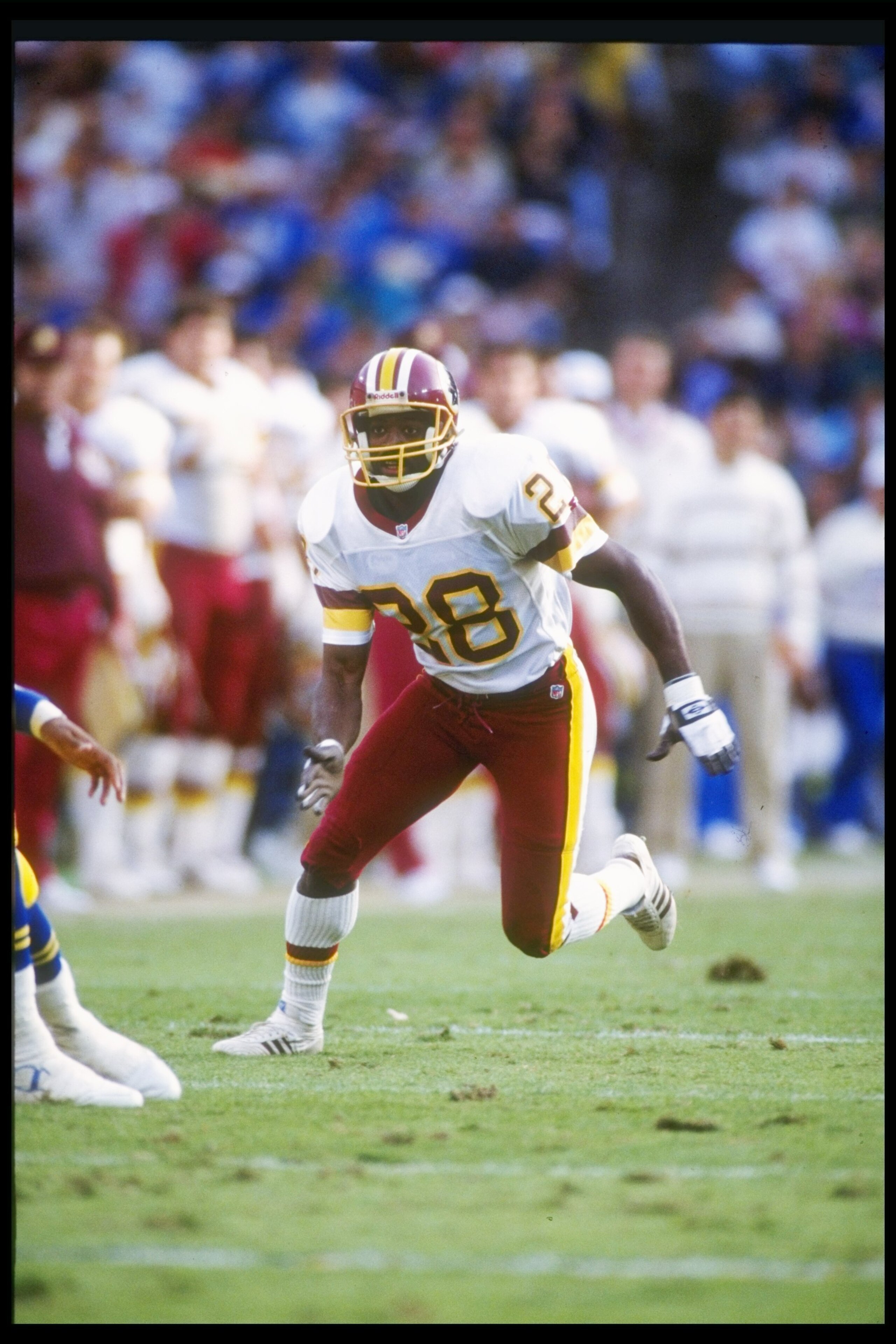 Defensive back Darrell Green of the Washington Redskins moves down the field during a game against the Los Angeles Rams at Anaheim Stadium in Anaheim, California. The Redskins won the game, 27-21.