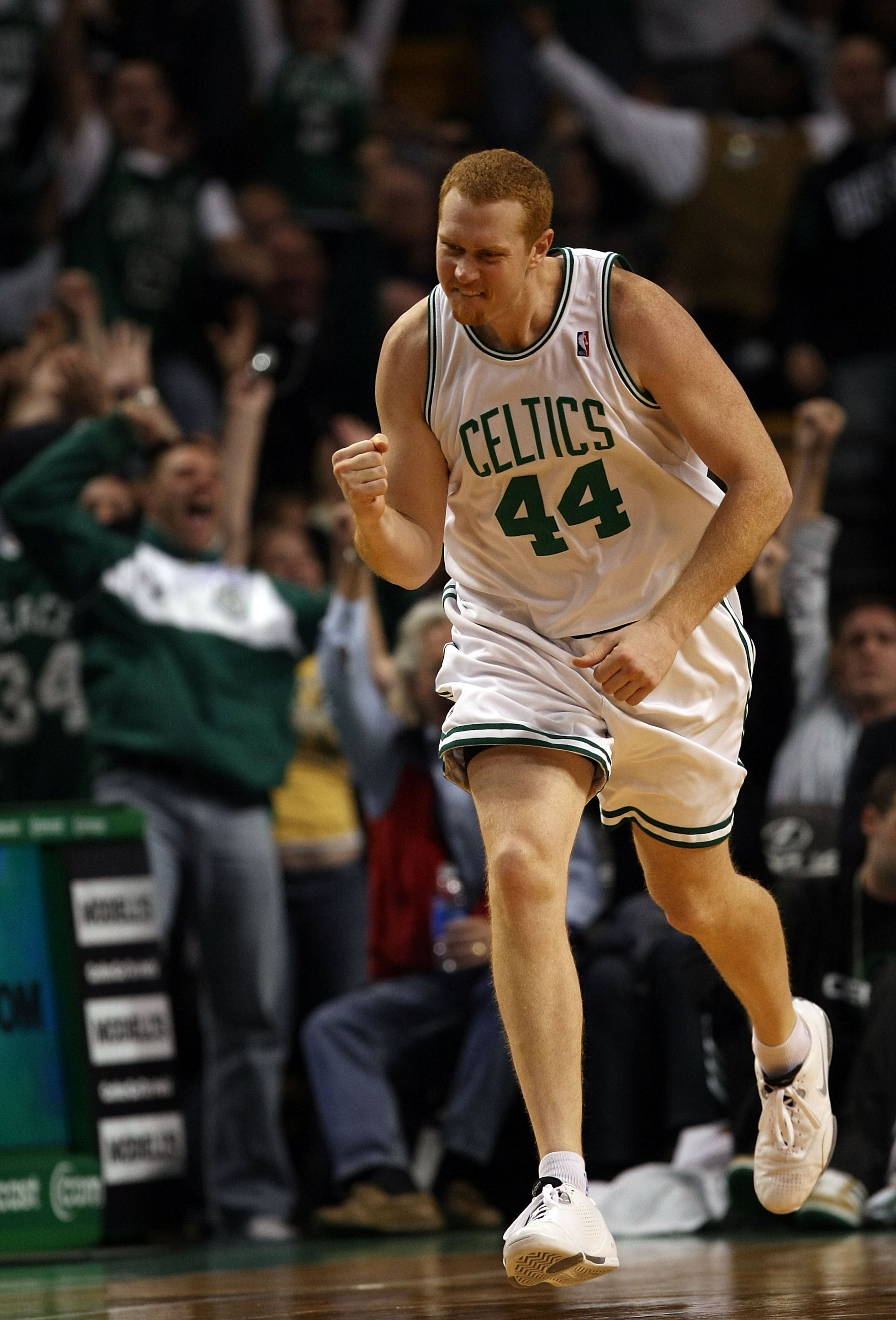 BOSTON - NOVEMBER 18:  Brian Scalabrine #44 of the Boston Celtics celebrates his three point shot in the second half against the New York Knicks on November 18,  2008 at TD Banknorth Garden in Boston, Massachusetts. The Celtics defeated the Knicks 110-101
