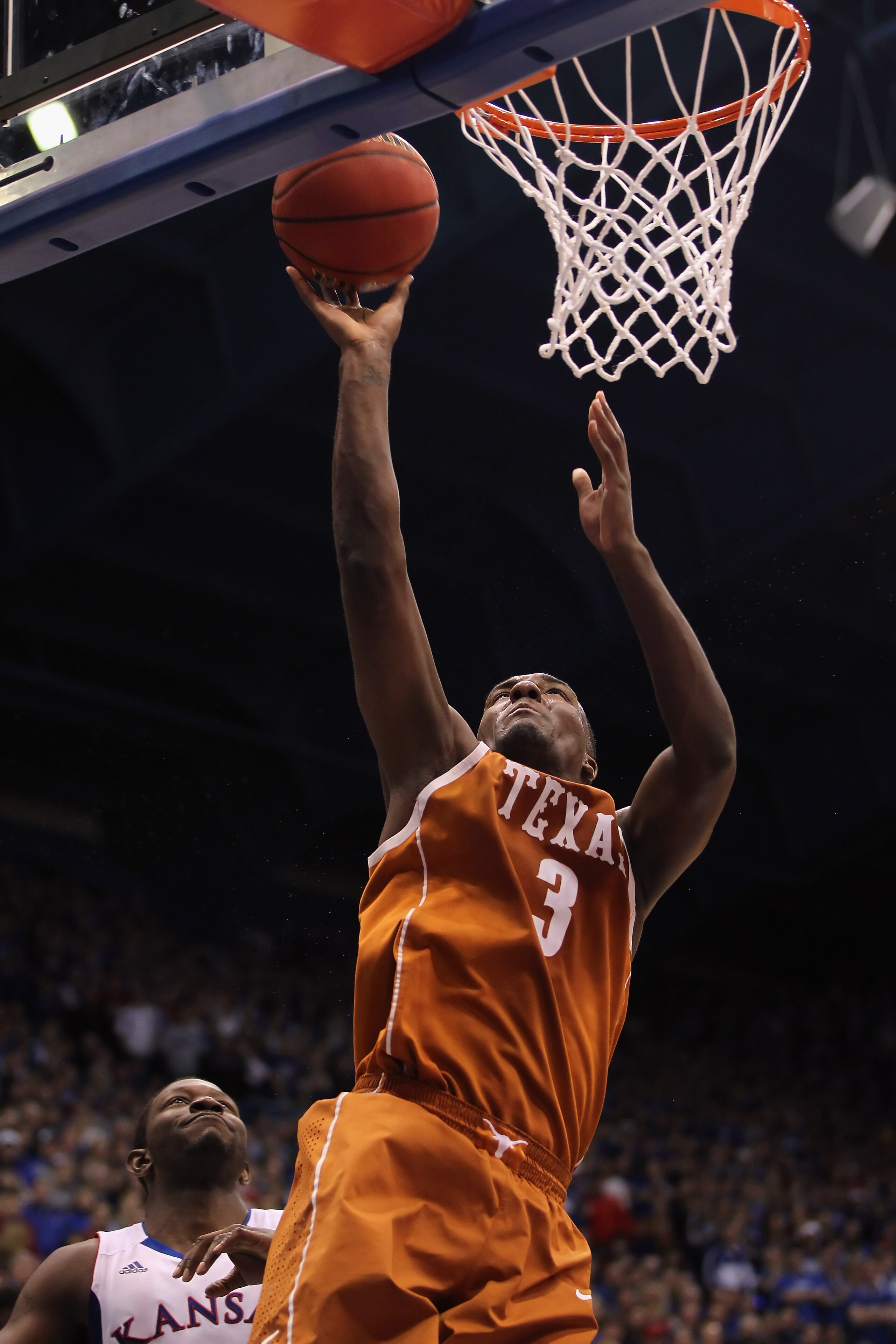 LAWRENCE, KS - JANUARY 22:  Jordan Hamilton #3 of the Texas Longhorns scores during the game against the Kansas Jayhawks on January 22, 2011 at Allen Fieldhouse in Lawrence, Kansas.  (Photo by Jamie Squire/Getty Images)