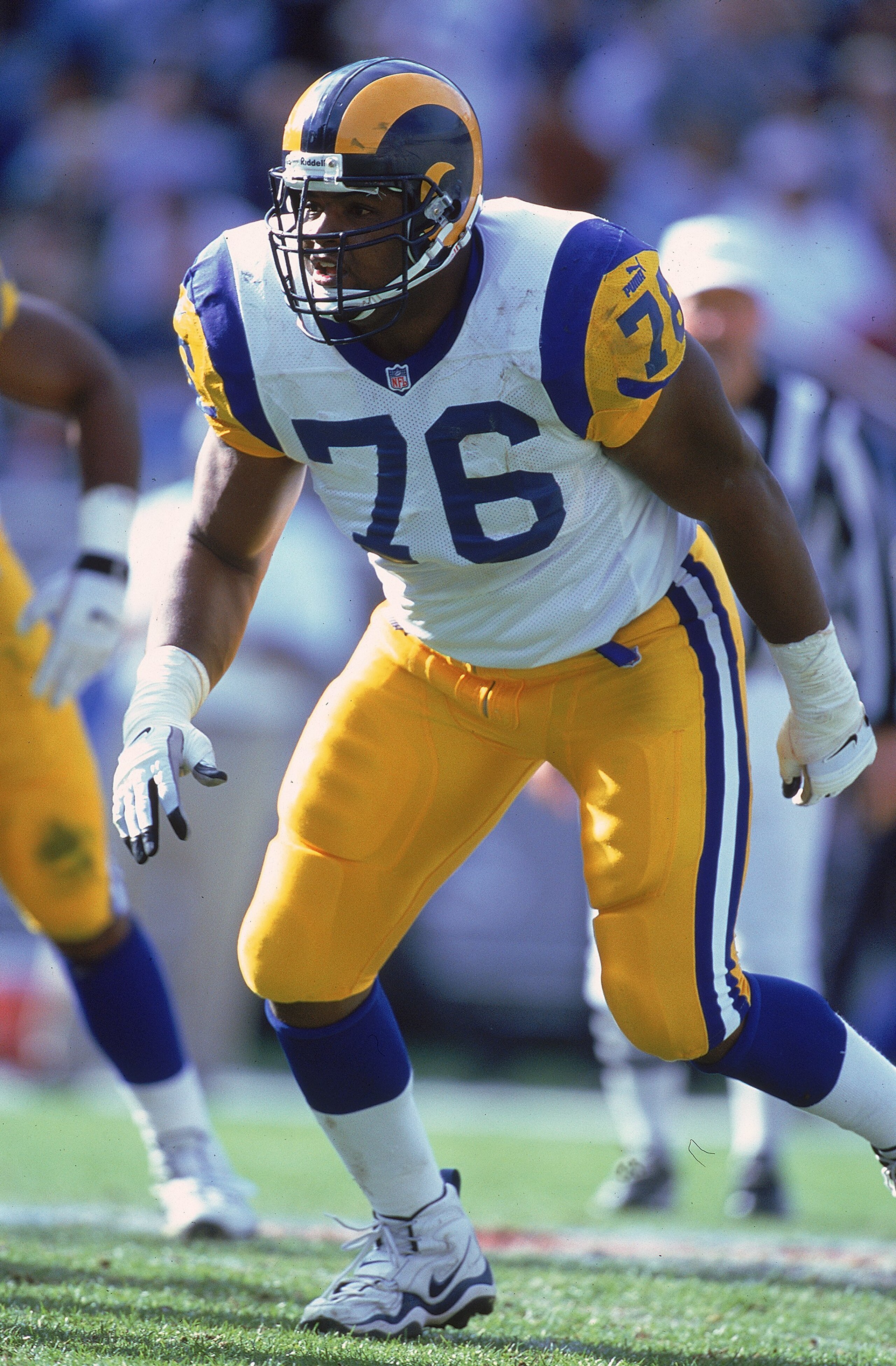 5 Dec 1999:  Orlando Pace #76 of the St. Louis Rams is ready on the field during the game against the Carolina Panthers at the Ericsson Stadium in Charlotte, North Carolina. The Rams defeated the Panthers 34-21. Mandatory Credit: Al Bello  /Allsport