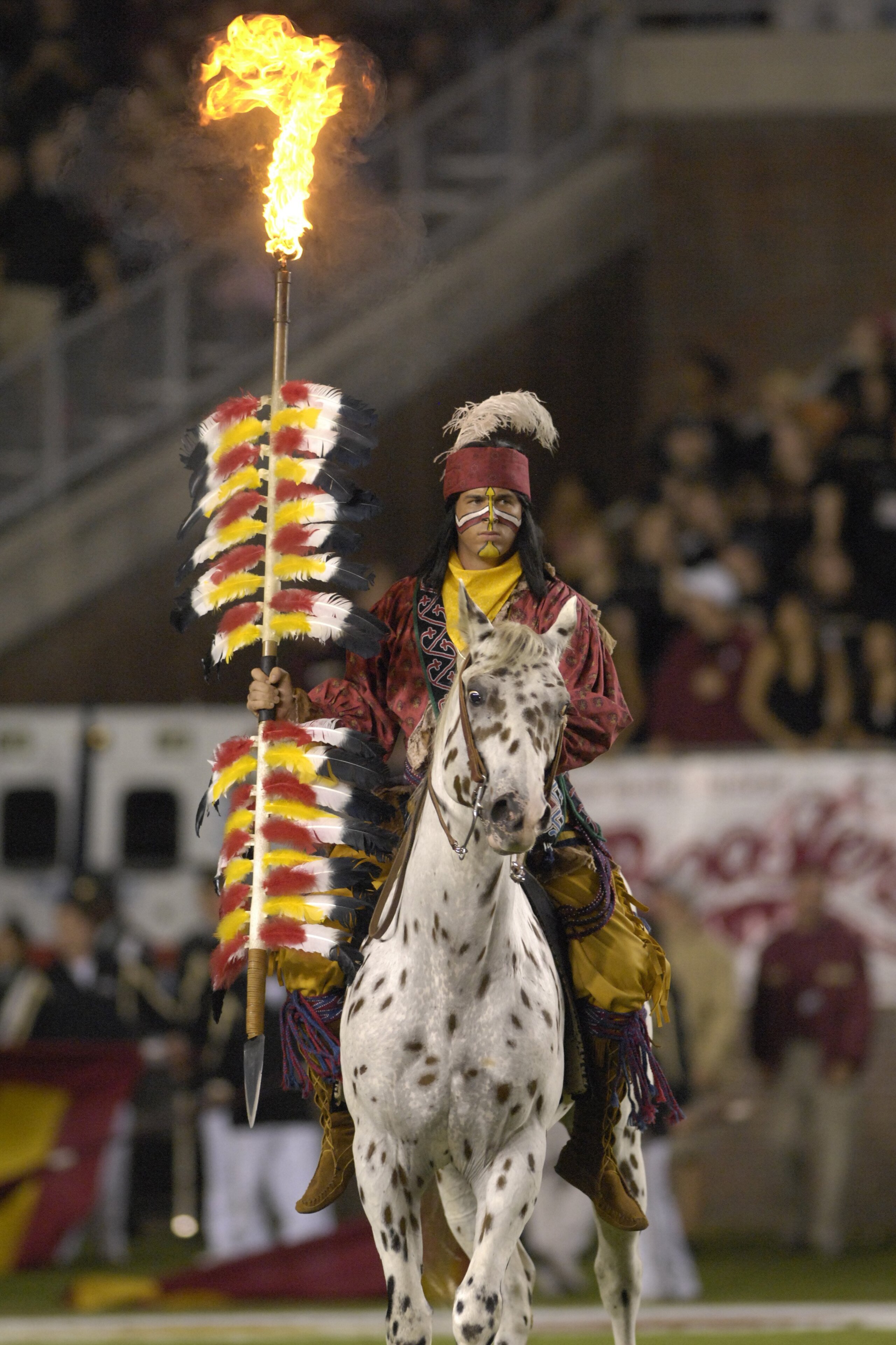 TALLAHASSEE, FL - OCTOBER 27: The mascot of the Florida State Seminoles carries a ligthted spear before play against the Duke Blue Devils at Doak Campbell Stadium on October 27, 2007 in Tallahassee, Florida.  FSU won 25-6. (Photo by Al Messerschmidt/Getty