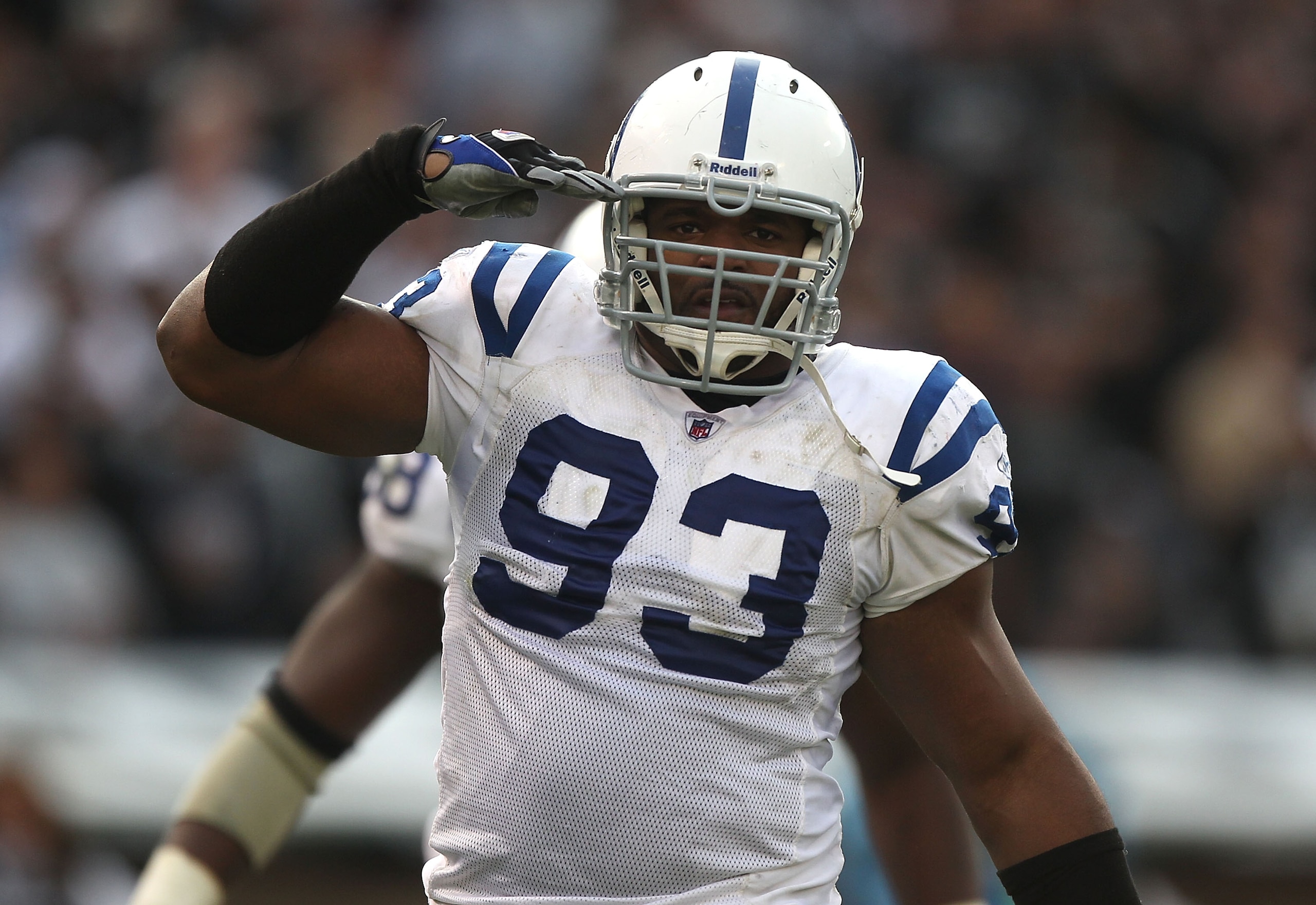 OAKLAND, CA - DECEMBER 26: Dwight Freeney #93 of the Indianapolis Colts celebrates after a sack against the Oakland Raiders during an NFL game at Oakland-Alameda County Coliseum on December 26, 2010 in Oakland, California. (Photo by Jed Jacobsohn/Getty OAKLAND, CA - DECEMBER 26: Dwight Freeney #93 of the Indianapolis Colts celebrates after a sack against the Oakland Raiders during an NFL game at Oakland-Alameda County Coliseum on December 26, 2010 in Oakland, California. (Photo by Jed Jacobsohn/Getty