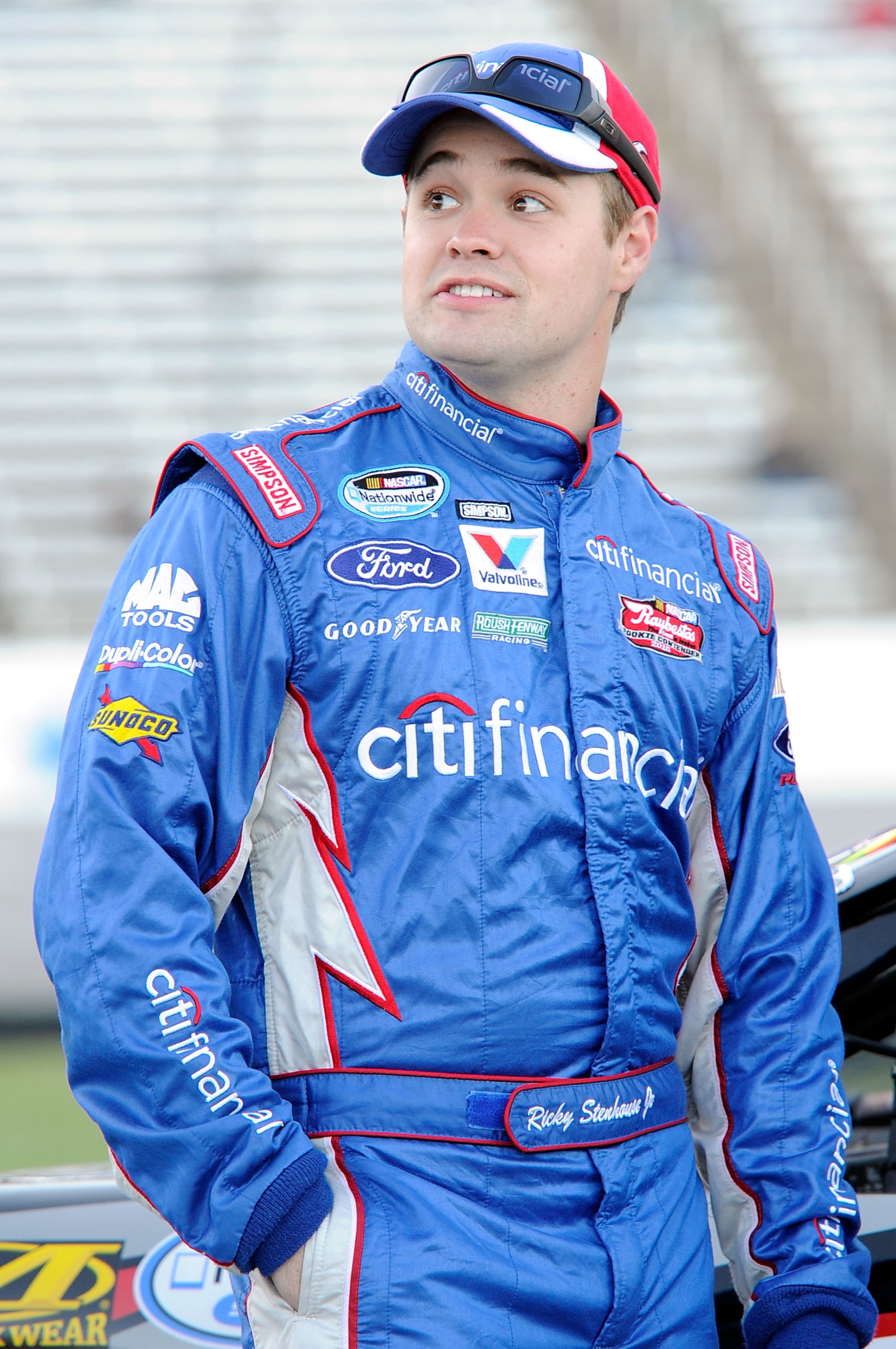 FORT WORTH, TX - NOVEMBER 05:  Ricky Stenhouse Jr., driver of the #6 CitiFinancial Ford, stands on the grid during qualifying for the NASCAR Nationwide Series O'Reilly Auto Parts Challenge at Texas Motor Speedway on November 5, 2010 in Fort Worth, Texas.