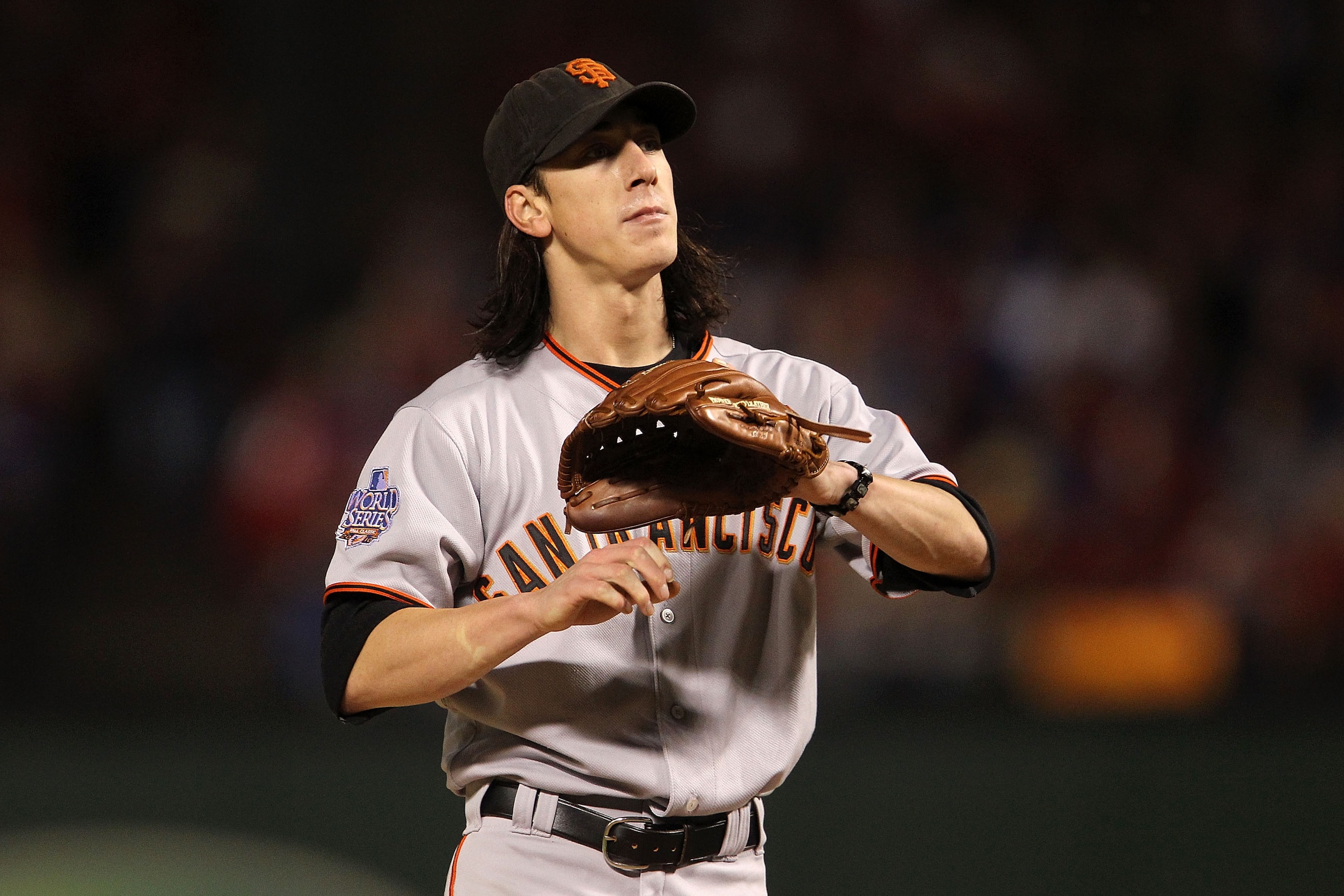 ARLINGTON, TX - NOVEMBER 01:  Starting pitcher Tim Lincecum #55 of the San Francisco Giants looks on against the Texas Rangers in Game Five of the 2010 MLB World Series at Rangers Ballpark in Arlington on November 1, 2010 in Arlington, Texas.  (Photo by D