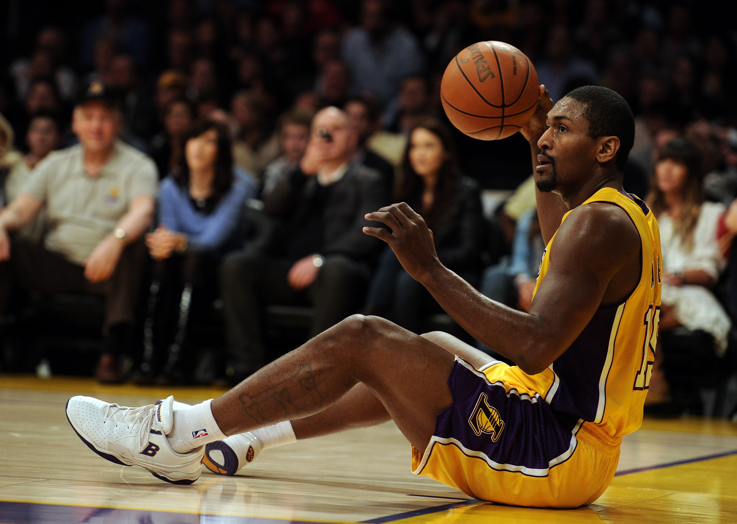 LOS ANGELES, CA - FEBRUARY 03:  Ron Artest #15 of the Los Angeles Lakers reacts to a lost possession against the San Antonio Spurs during the first half at Staples Center on February 3, 2011 in Los Angeles, California.  NOTE TO USER: User expressly acknow