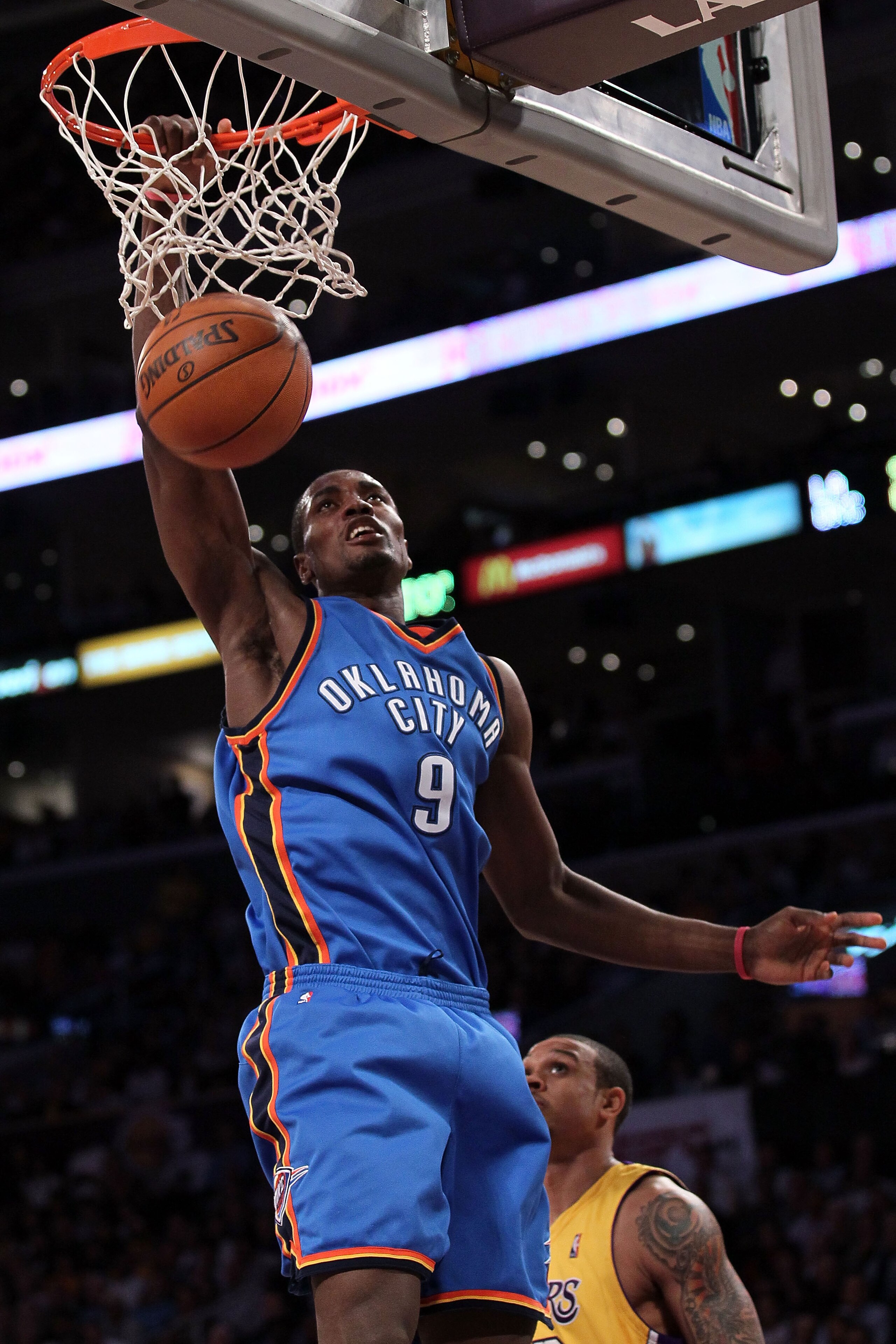 LOS ANGELES, CA - APRIL 27:  Serge Ibaka #9 of the Oklahoma City Thunder dunks the ball in the fourth quarter against the Los Angeles Lakers during Game Five of the Western Conference Quarterfinals of the 2010 NBA Playoffs at Staples Center on April 27, 2