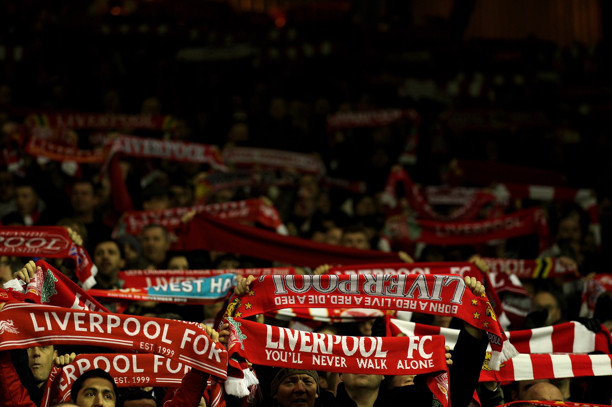 LIVERPOOL, ENGLAND - NOVEMBER 20:  Liverpool fans show their support on the Kop prior to the Barclays Premier League match between Liverpool and West Ham United at Anfield on November 20, 2010 in Liverpool, England.  (Photo by Alex Livesey/Getty Images)