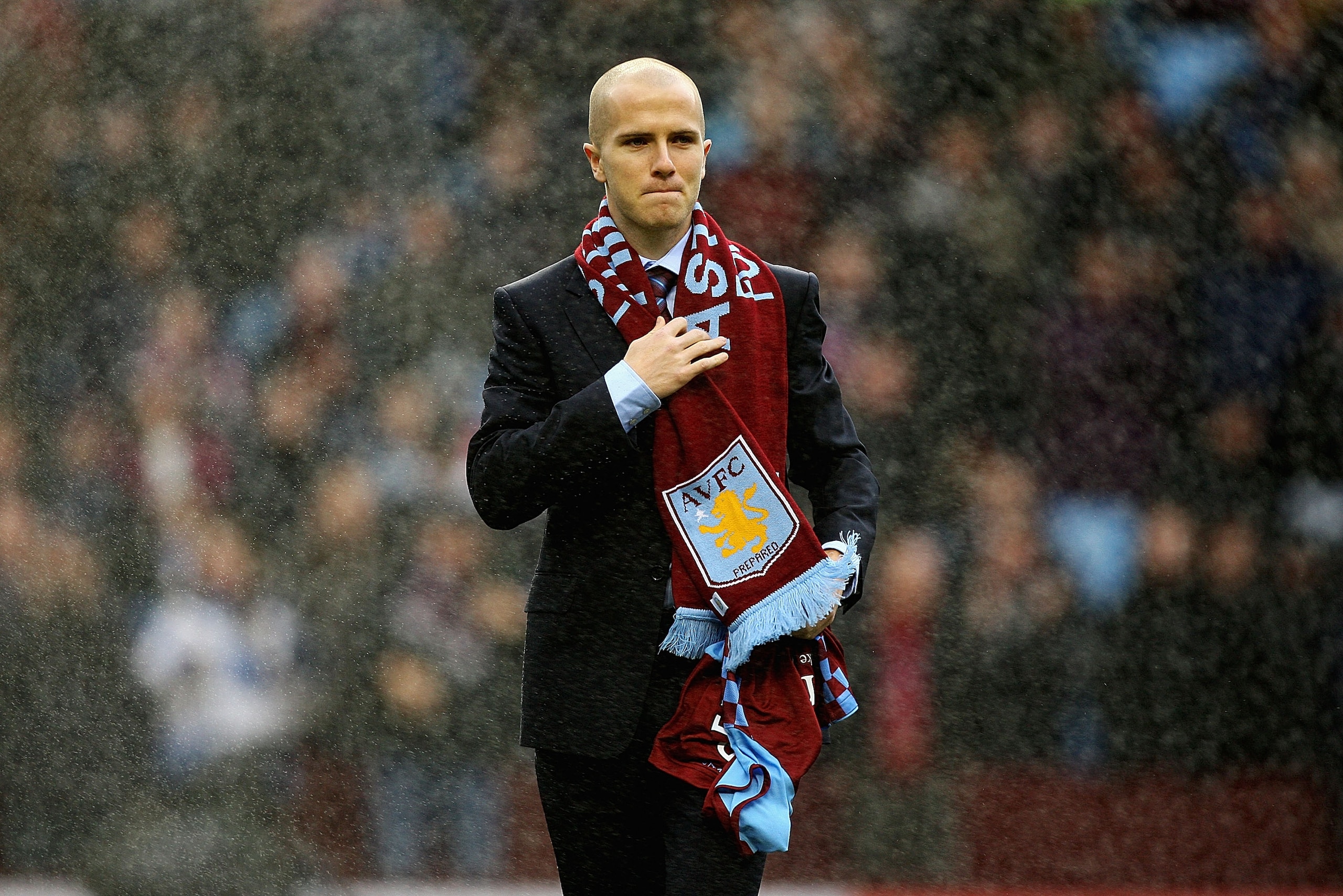BIRMINGHAM, ENGLAND - FEBRUARY 05:  Michael Bradley of Aston Villa is unveiled to the supporters during the Barclays Premier League match between Aston Villa and Fulham at Villa Park on February 5, 2011 in Birmingham, England.  (Photo by Matthew Lewis/Get