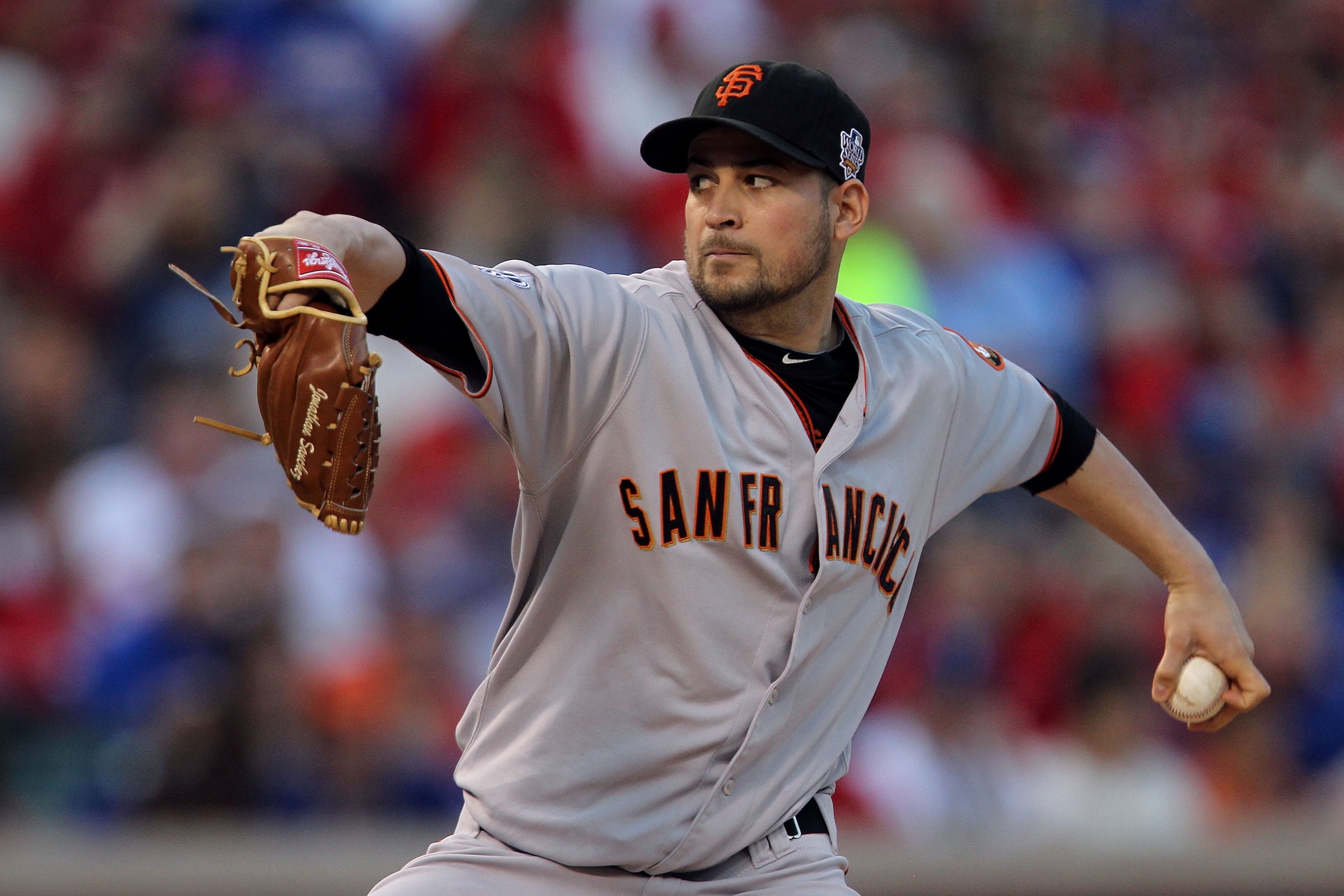 ARLINGTON, TX - OCTOBER 30:  Starting pitcher Jonathan Sanchez #57 of the San Francisco Giants pitches against the Texas Rangers in Game Three of the 2010 MLB World Series at Rangers Ballpark in Arlington on October 30, 2010 in Arlington, Texas.  (Photo b