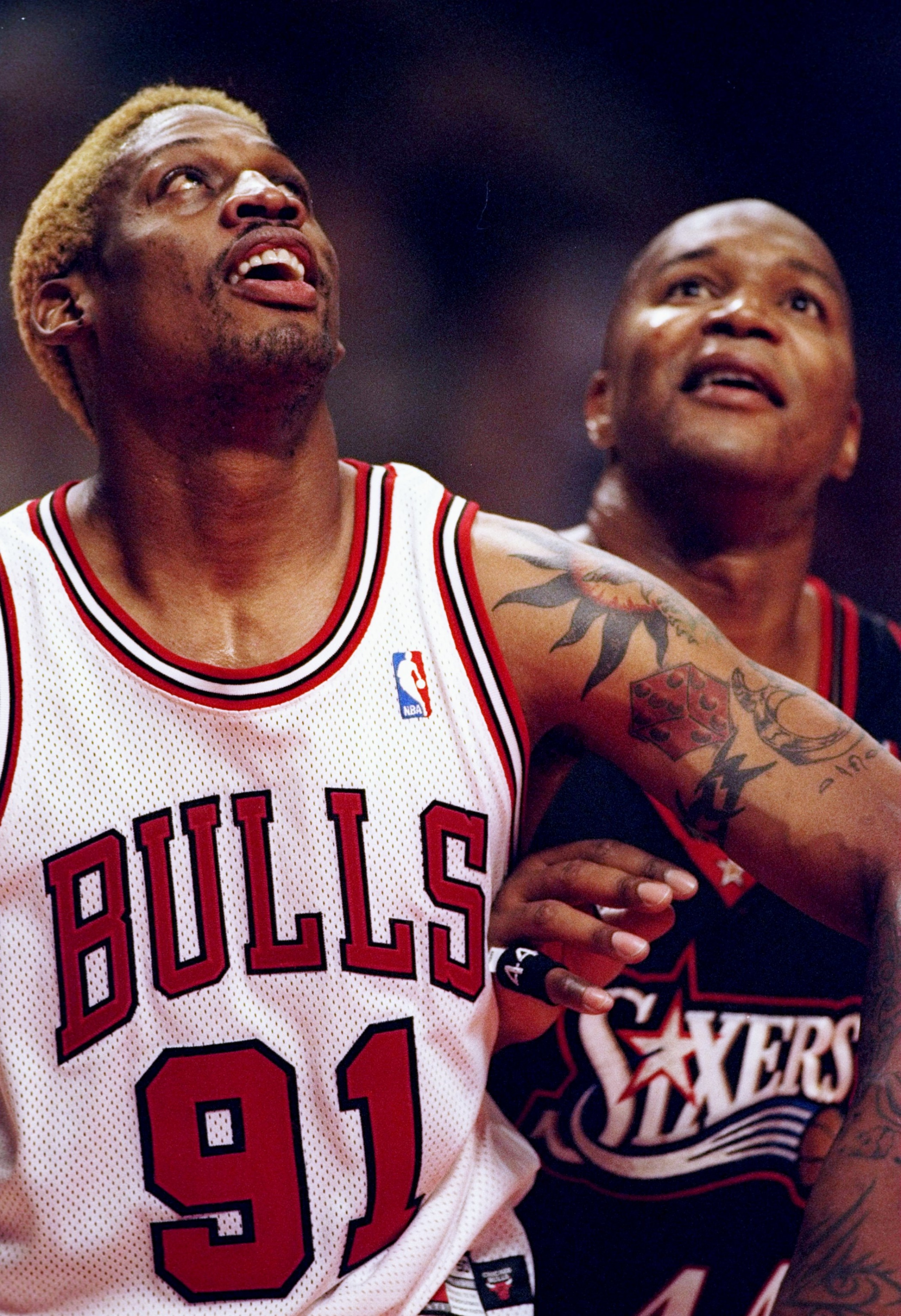 1 Nov 1997: Dennis Rodman #91 of the Chicago Bulls battles Derrick Coleman of the 76ers during the Bulls 94-74 win over the Philadelphia 76ers at the United Center in Chicago, Illinois. Mandatory Credit: Jonathan Daniel /Allsport 1 Nov 1997: Dennis Rodman #91 of the Chicago Bulls battles Derrick Coleman of the 76ers during the Bulls 94-74 win over the Philadelphia 76ers at the United Center in Chicago, Illinois. Mandatory Credit: Jonathan Daniel /Allsport
