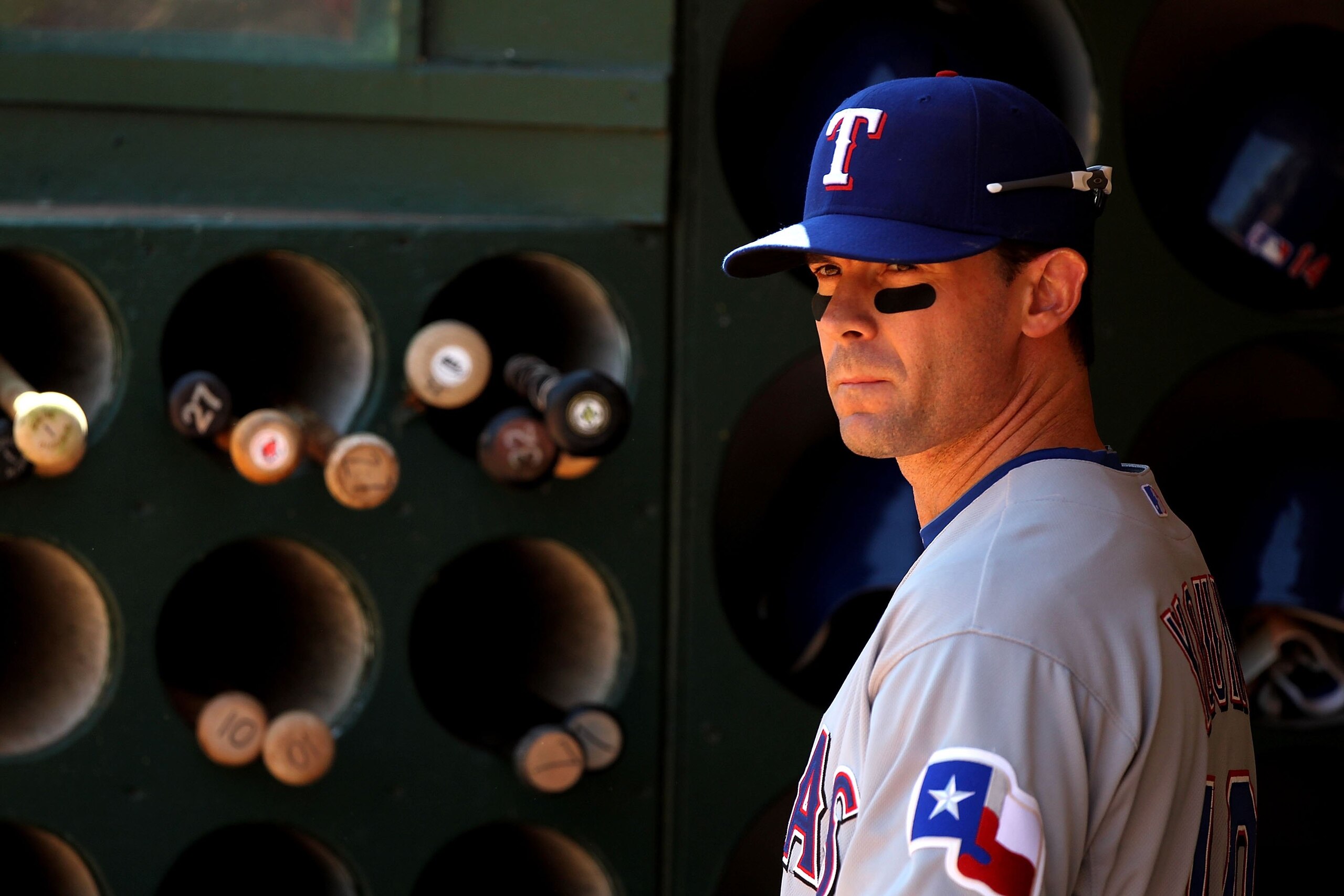 OAKLAND, CA - MAY 05:  Michael Young #10 of the Texas Rangers looks on against the Oakland Athletics during an MLB game at the Oakland-Alameda County Coliseum on May 5, 2010 in Oakland, California.  (Photo by Jed Jacobsohn/Getty Images)