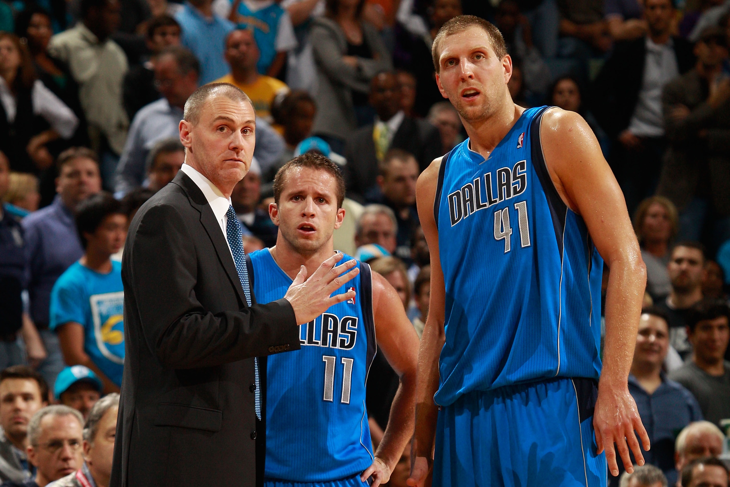 NEW ORLEANS - NOVEMBER 17: Head coach Rick Carlisle talks with Jose Barea #11 and Dirk Nowitzki #41 of the Dallas Mavericks during a timeout against the New Orleans Hornets at the New Orleans Arena on November 17, 2010 in New Orleans, Louisiana. The Hor NEW ORLEANS - NOVEMBER 17: Head coach Rick Carlisle talks with Jose Barea #11 and Dirk Nowitzki #41 of the Dallas Mavericks during a timeout against the New Orleans Hornets at the New Orleans Arena on November 17, 2010 in New Orleans, Louisiana. The Hor