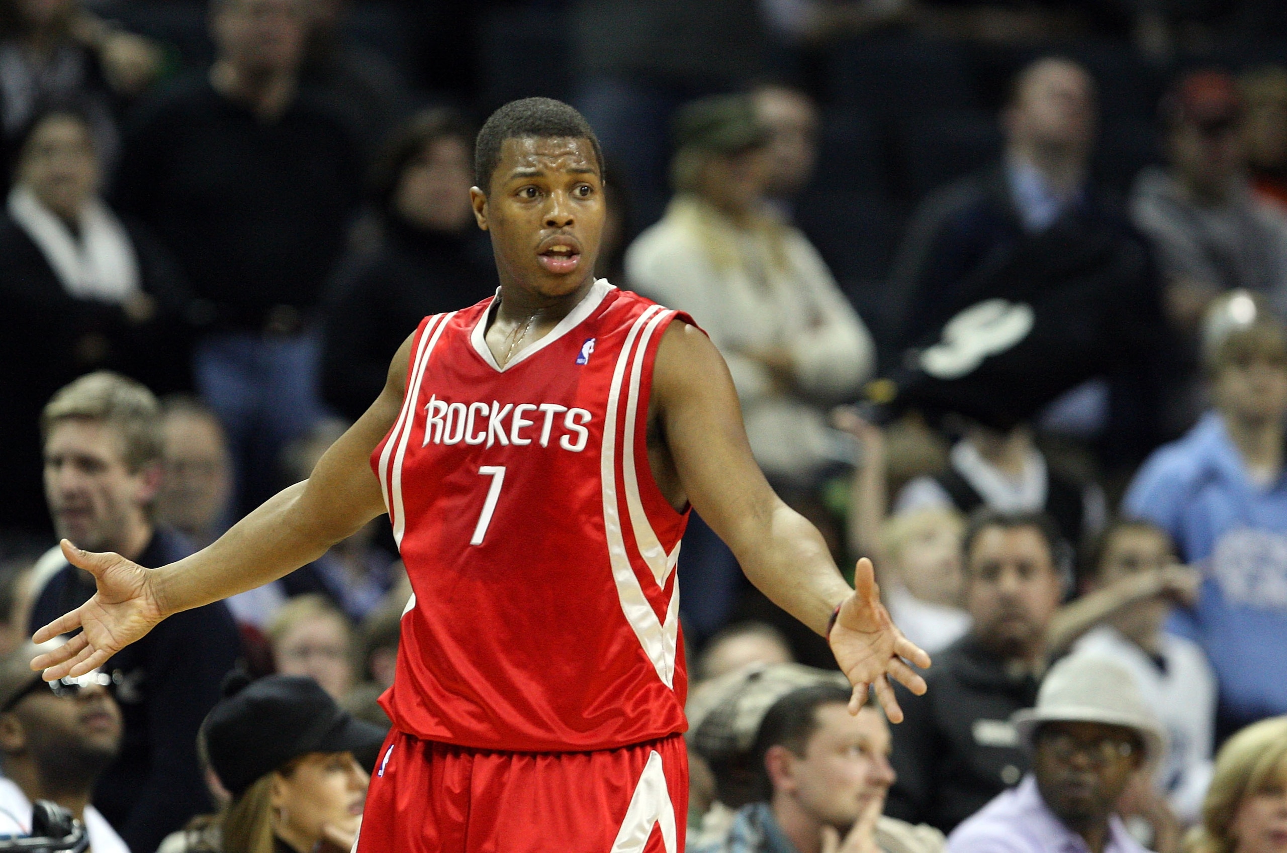 CHARLOTTE, NC - JANUARY 12:  Kyle Lowry #7 of the Houston Rockets reacts to a call against the Charlotte Bobcats at Time Warner Cable Arena on January 12, 2010 in Charlotte, North Carolina.  NOTE TO USER: User expressly acknowledges and agrees that, by do