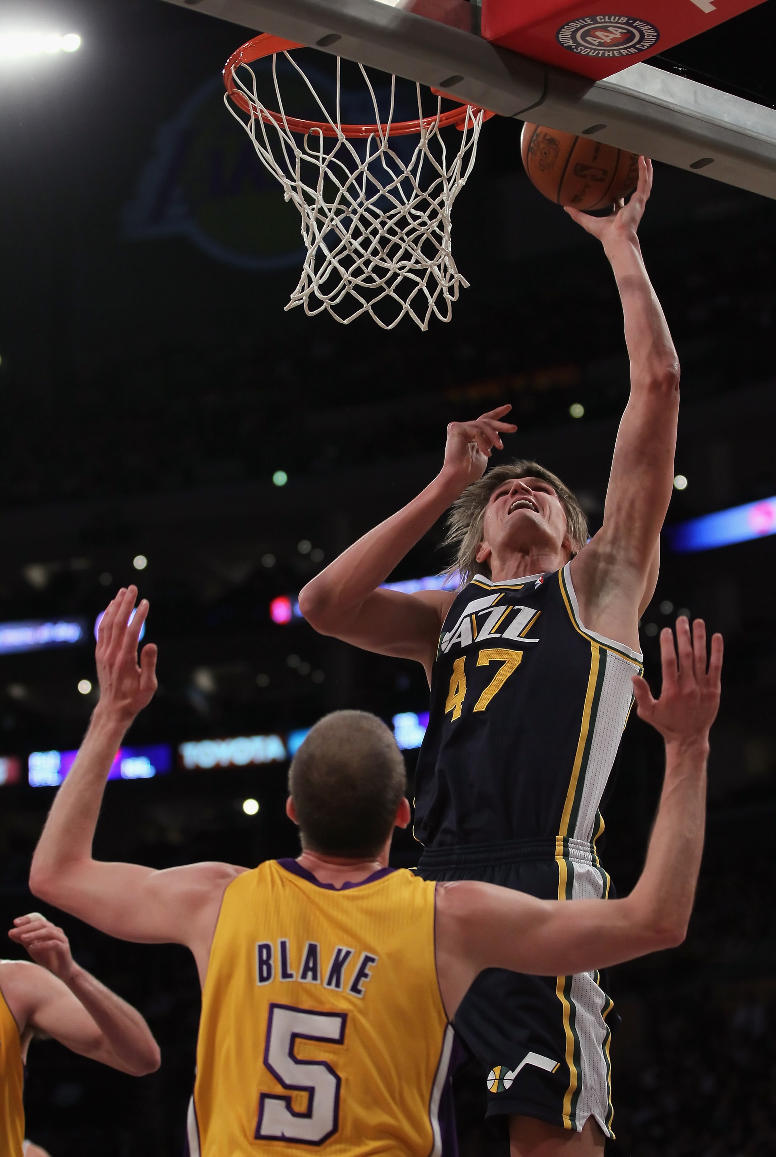 LOS ANGELES, CA - JANUARY 25: Andrei Kirilenko #47 of the Utah Jazz drives to the basket over Steve Blake #5 of the Los Angeles Lakers in the first half at Staples Center on January 25, 2011 in Los Angeles, California. The Lakers defeated the Jazz 120-91 LOS ANGELES, CA - JANUARY 25: Andrei Kirilenko #47 of the Utah Jazz drives to the basket over Steve Blake #5 of the Los Angeles Lakers in the first half at Staples Center on January 25, 2011 in Los Angeles, California. The Lakers defeated the Jazz 120-91