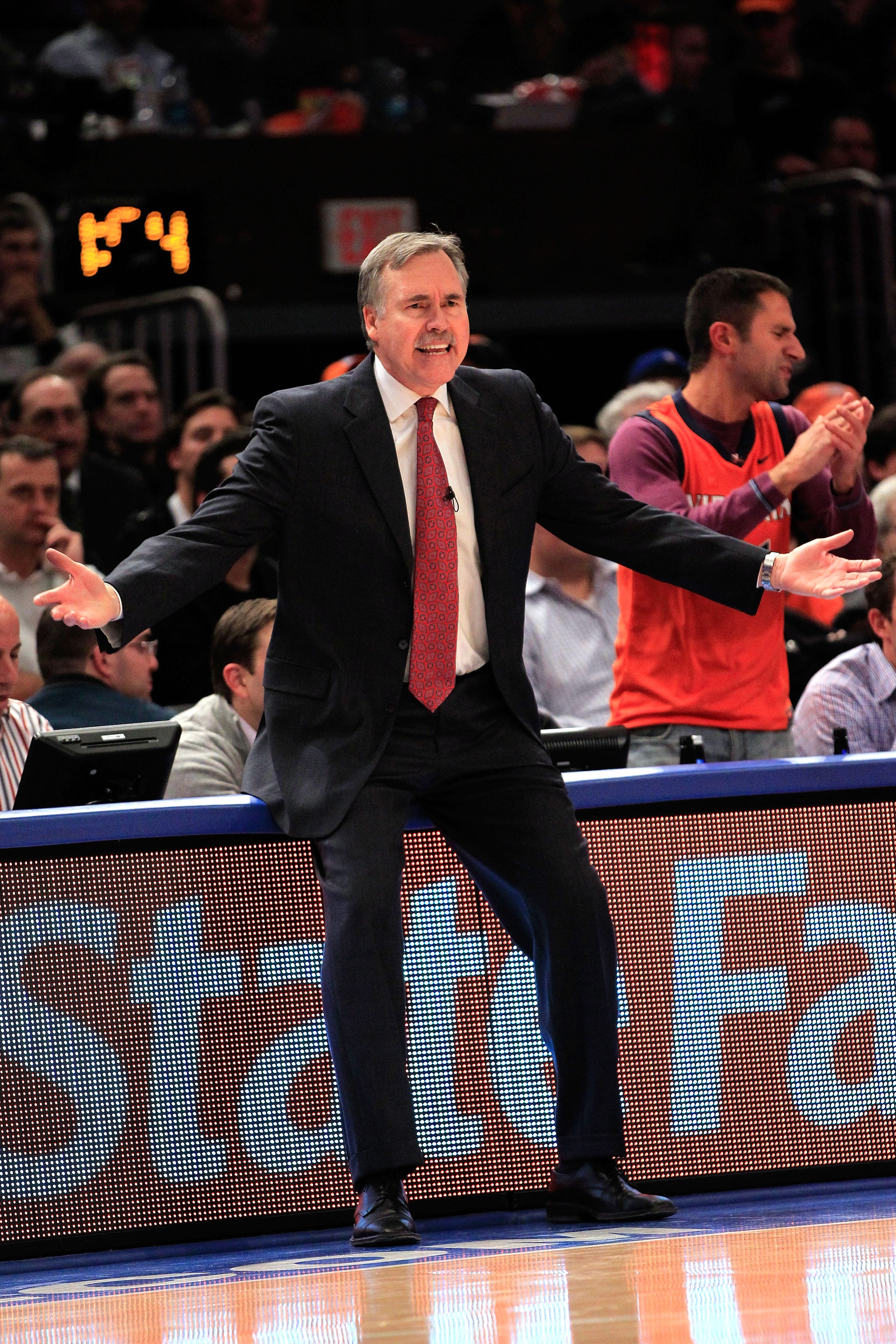 NEW YORK, NY - JANUARY 27:  Head coach Mike D'Antoni of the New York Knicks reacts during the game against the Miami Heat at Madison Square Garden on January 27, 2011 in New York City. The Knicks defeated the Heat 93-88. NOTE TO USER: User expressly ackno