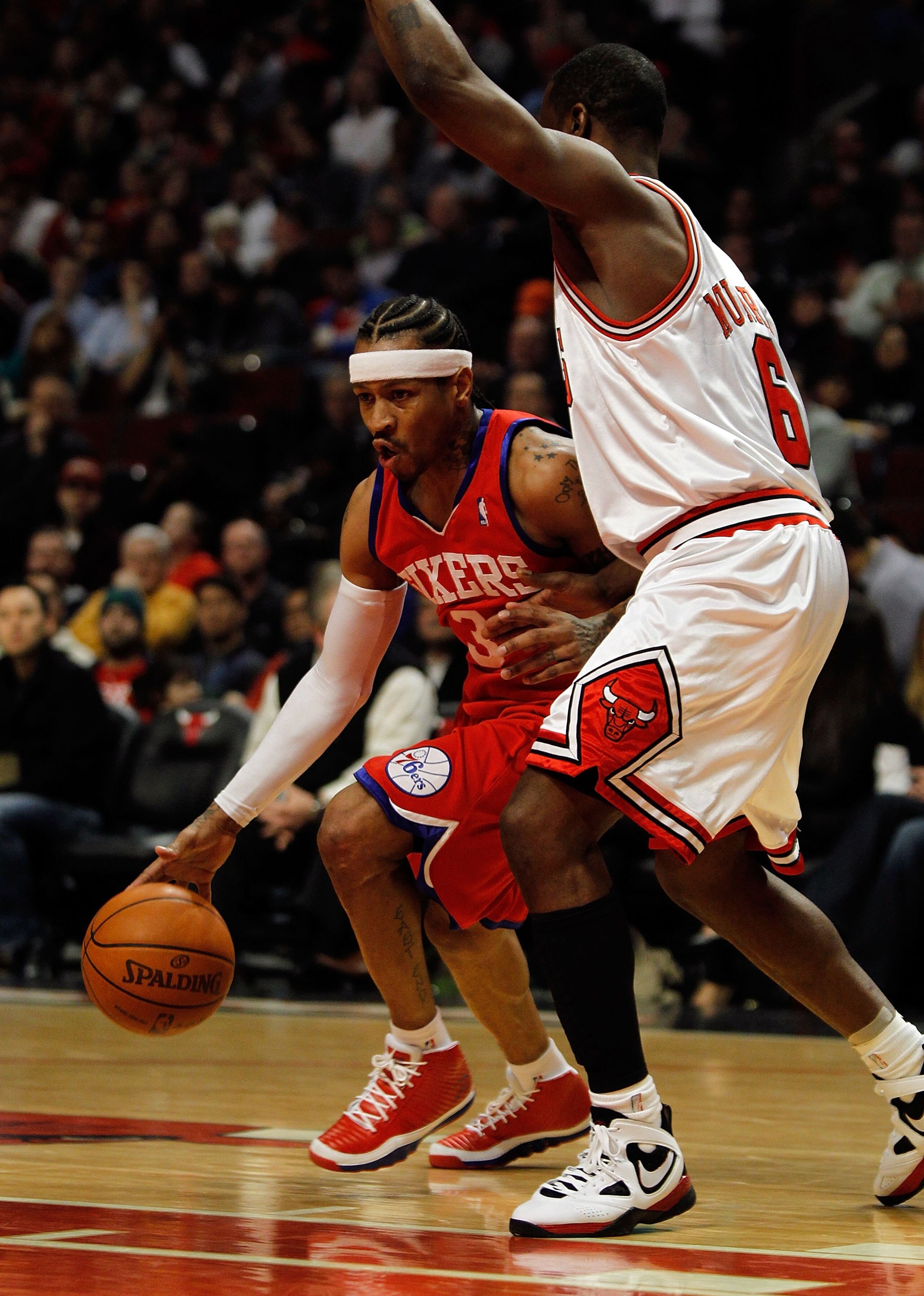 CHICAGO - FEBRUARY 20: Allen Iverson #3 of the Philadelphia 76ers moves against Ronald Murray #6 of the Chicago Bulls at the United Center on February 20, 2010 in Chicago, Illinois. The Bulls defeated the 76ers 122-90. NOTE TO USER: User expressly acknowl CHICAGO - FEBRUARY 20: Allen Iverson #3 of the Philadelphia 76ers moves against Ronald Murray #6 of the Chicago Bulls at the United Center on February 20, 2010 in Chicago, Illinois. The Bulls defeated the 76ers 122-90. NOTE TO USER: User expressly acknowl