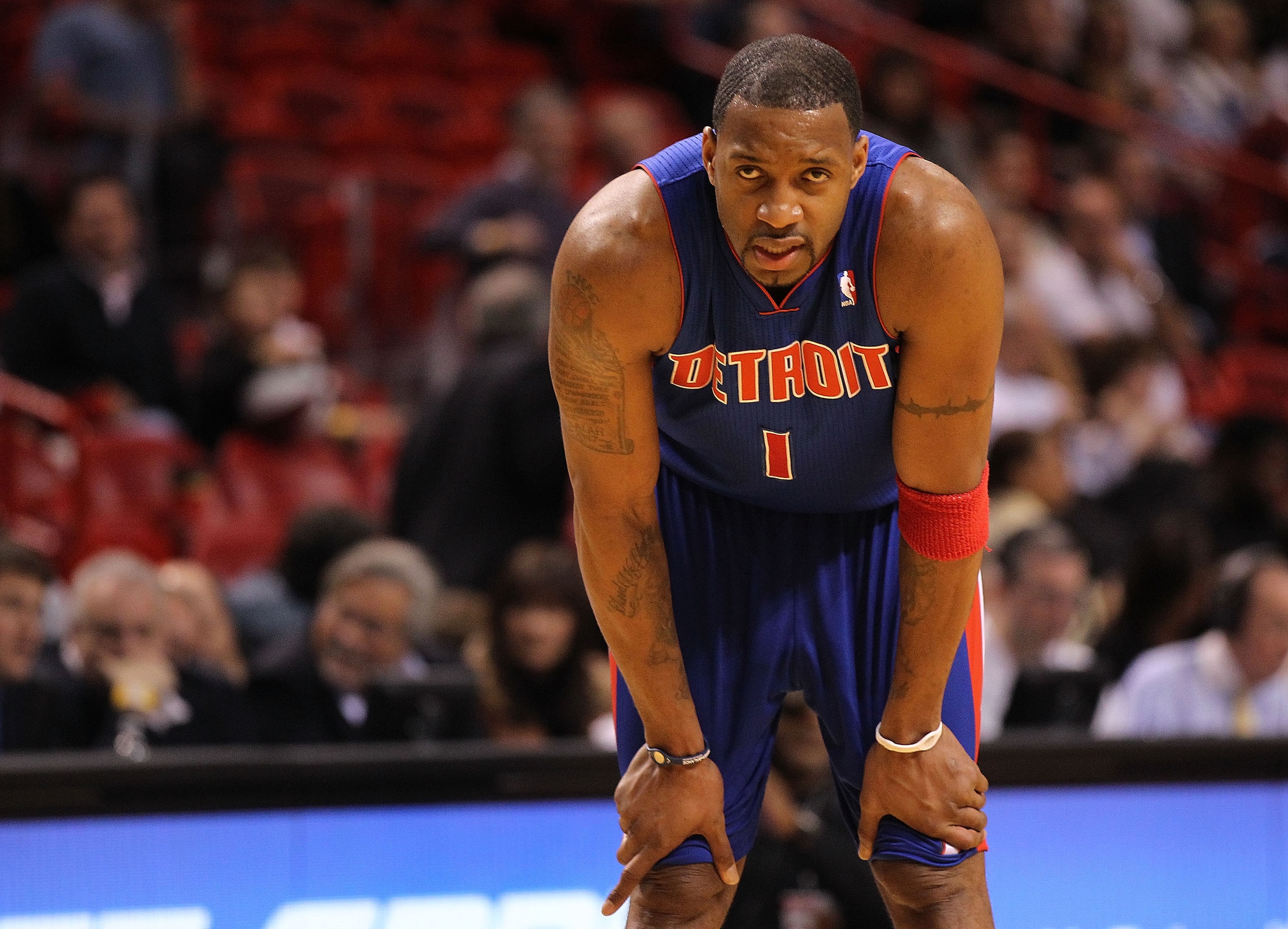 MIAMI, FL - JANUARY 28: Tracy McGrady #1 of of the Detroit Pistons looks on during a game against the Miami Heat at American Airlines Arena on January 28, 2011 in Miami, Florida. NOTE TO USER: User expressly acknowledges and agrees that, by downloading an MIAMI, FL - JANUARY 28: Tracy McGrady #1 of of the Detroit Pistons looks on during a game against the Miami Heat at American Airlines Arena on January 28, 2011 in Miami, Florida. NOTE TO USER: User expressly acknowledges and agrees that, by downloading an