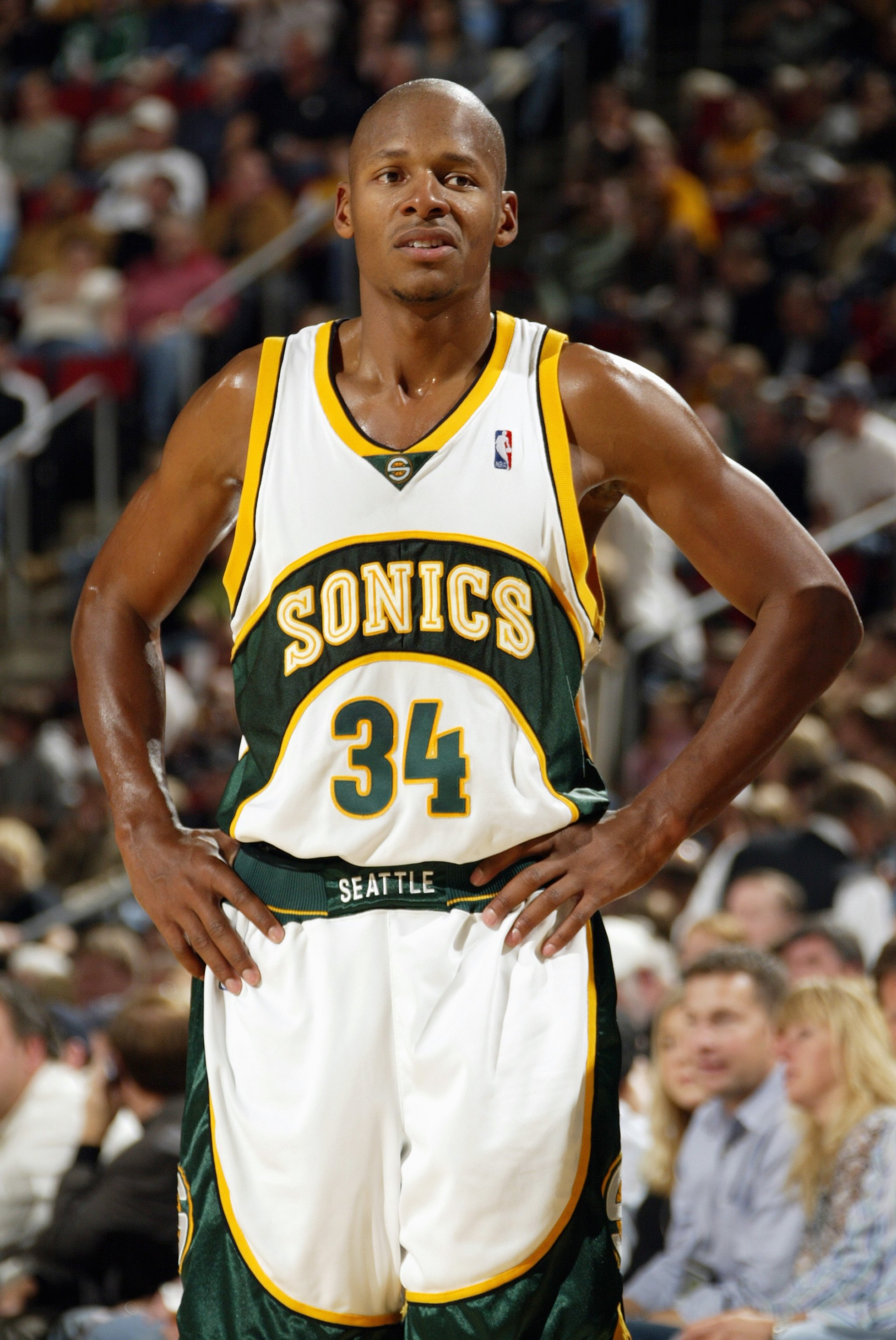 SEATTLE - NOVEMBER 05:  Ray Allen #34 of the Seattle SuperSonics looks on during a game against the Los Angeles Lakers at Key Arena on November 5, 2006 in Seattle, Washington.  The Sonics won 117-101.  NOTE TO USER: User expressly acknowledges and agrees
