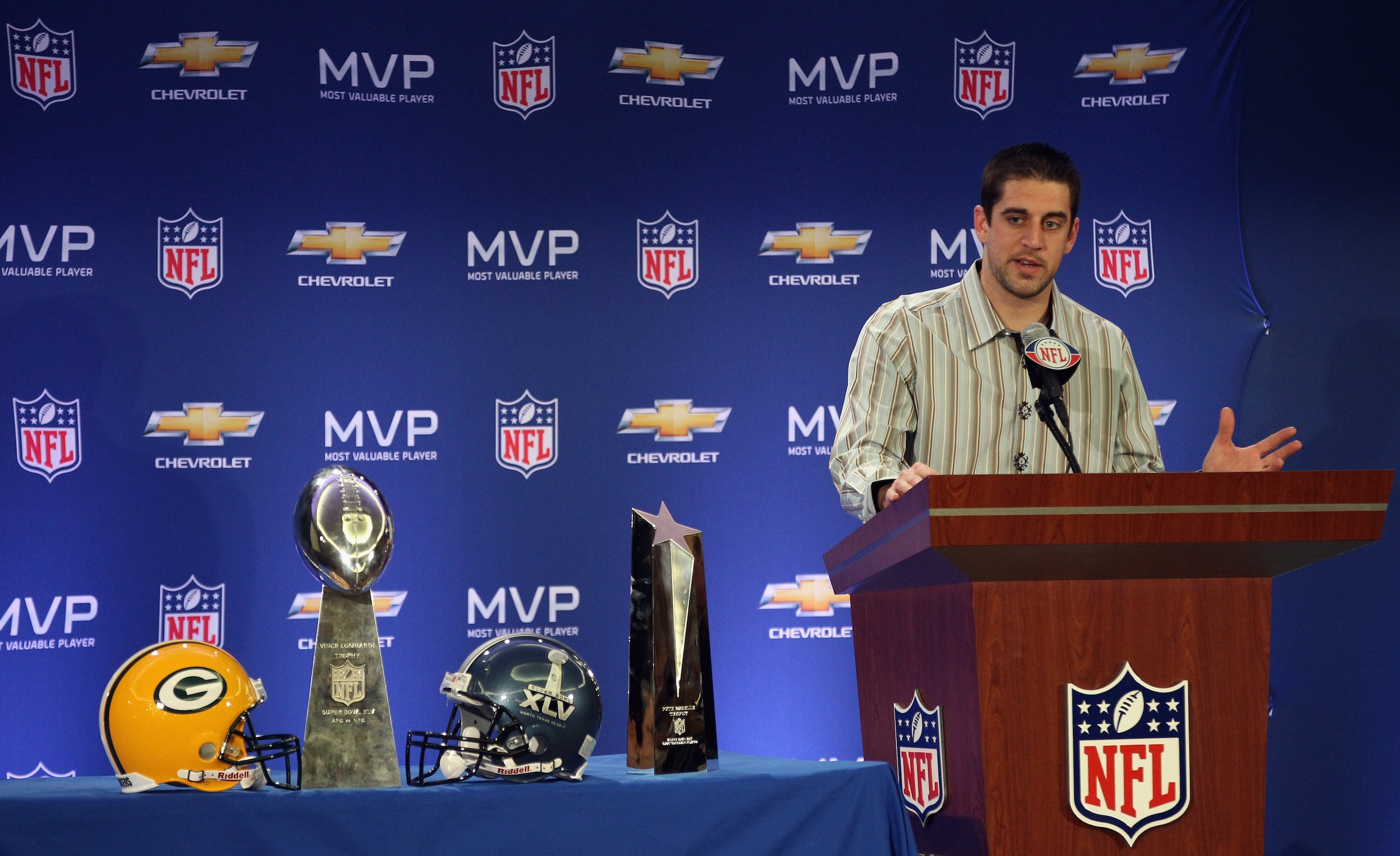 DALLAS, TX - FEBRUARY 07:  Green Bay Packers quarterback Aaron Rodgers speaks to the media during a press conference at Super Bowl XLV Media Center on February 7, 2011 in Dallas, Texas.  (Photo by Streeter Lecka/Getty Images)