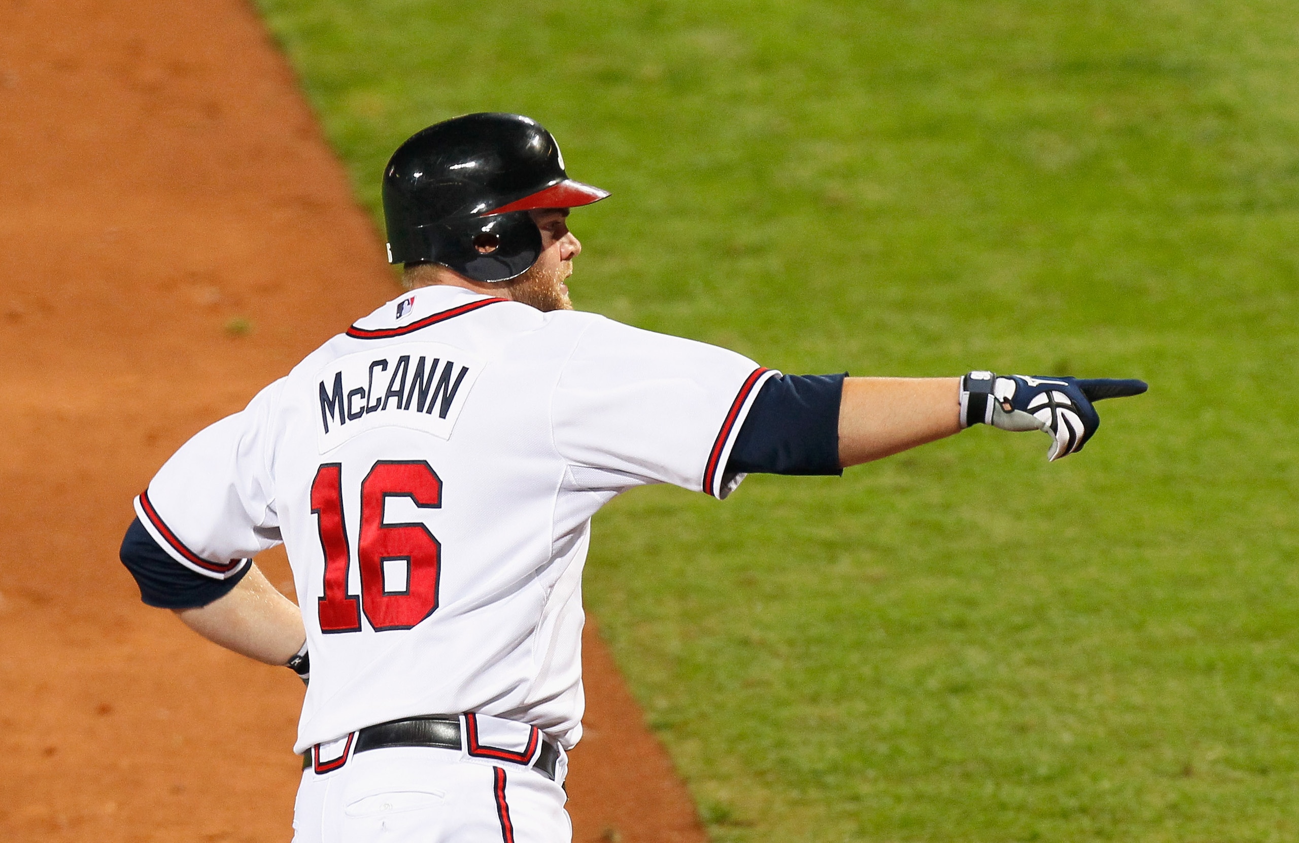 ATLANTA - OCTOBER 11:  Brian McCann #16 of the Atlanta Braves against the San Francisco Giants during Game Four of the NLDS of the 2010 MLB Playoffs at Turner Field on October 11, 2010 in Atlanta, Georgia.  (Photo by Kevin C. Cox/Getty Images)