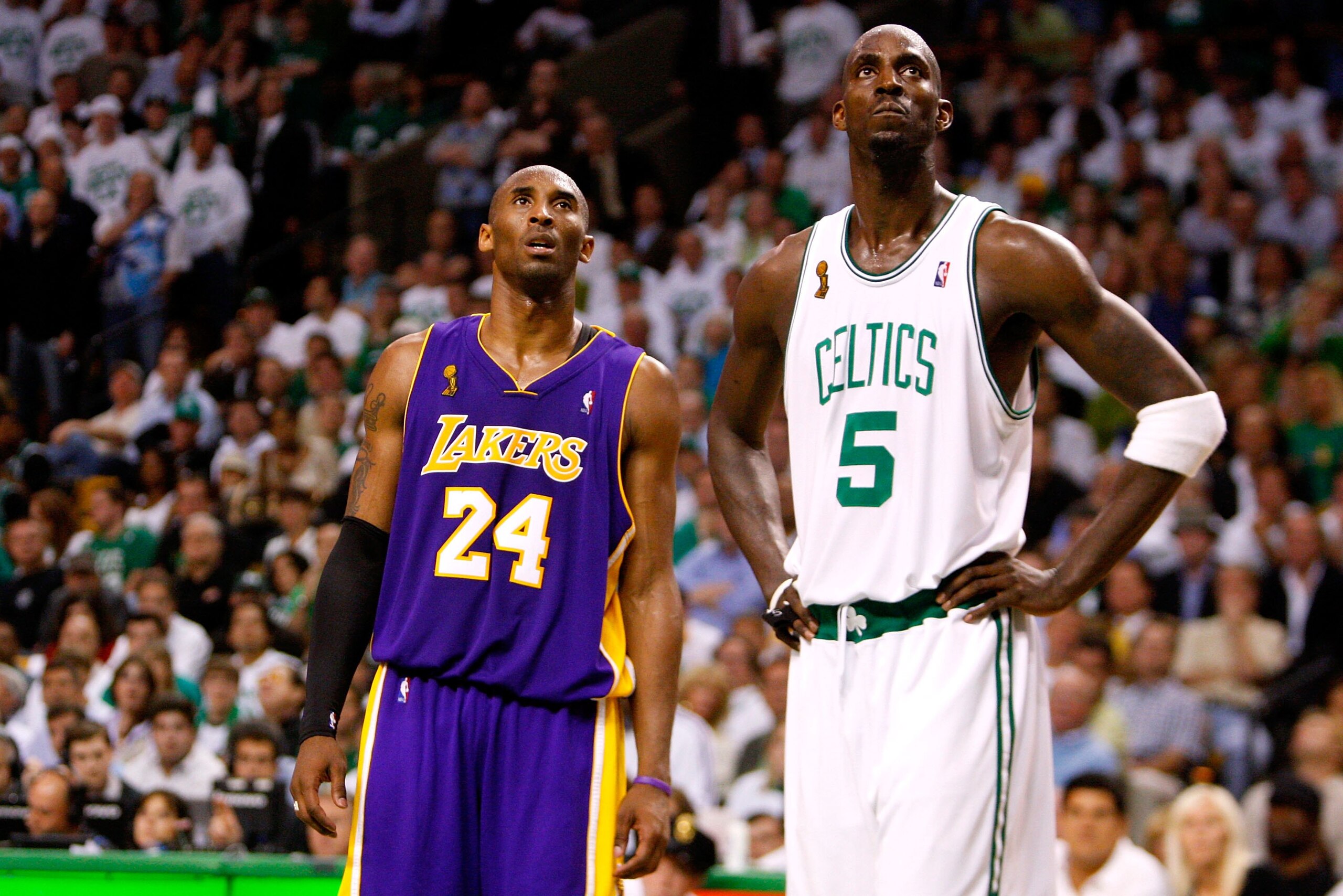 BOSTON - JUNE 05:  Kobe Bryant #24 of the Los Angeles Lakers and Kevin Garnett #5 of the Boston Celtics looks up in Game One of the 2008 NBA Finals on June 5, 2008 at TD Banknorth Garden in Boston, Massachusetts. NOTE TO USER: User expressly acknowledges 