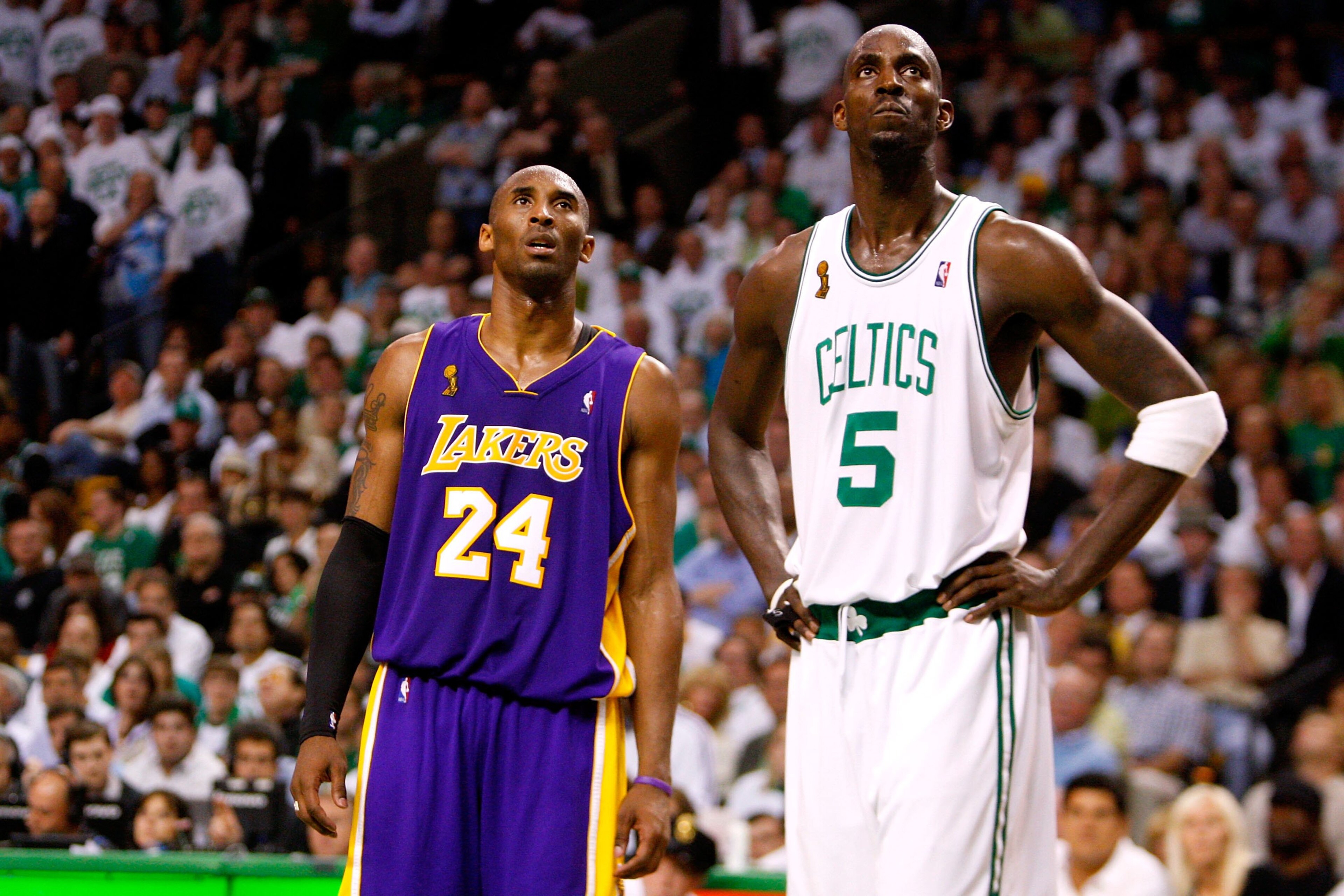 BOSTON - JUNE 05:  Kobe Bryant #24 of the Los Angeles Lakers and Kevin Garnett #5 of the Boston Celtics looks up in Game One of the 2008 NBA Finals on June 5, 2008 at TD Banknorth Garden in Boston, Massachusetts. NOTE TO USER: User expressly acknowledges 