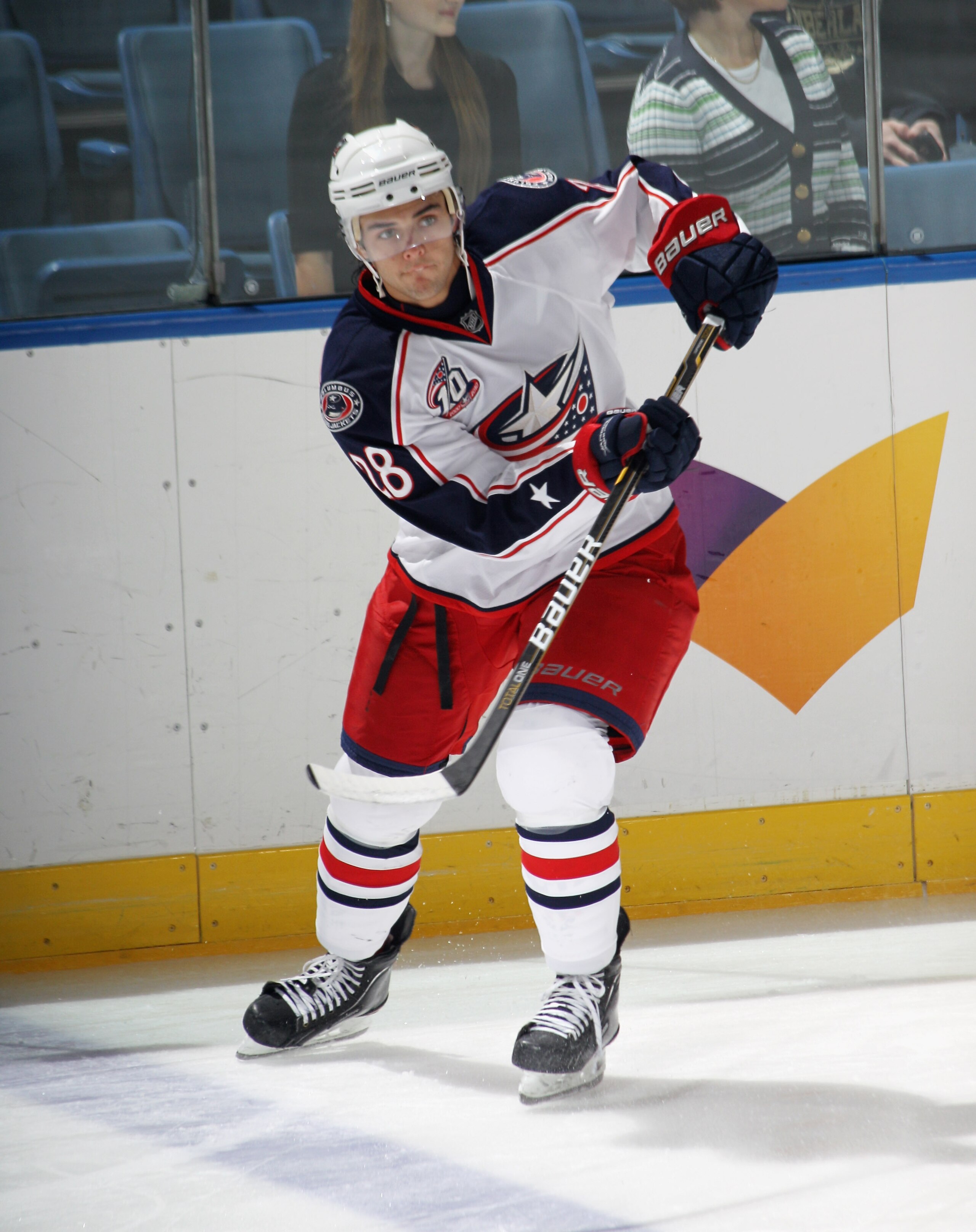 UNIONDALE, NY - NOVEMBER 24:  Nikita Filatov #28 of the Columbus Blue Jackets skates in warmups prior to the game against the New York Islanders at the Nassau Coliseum on November 24, 2010 in Uniondale, New York.  (Photo by Bruce Bennett/Getty Images)