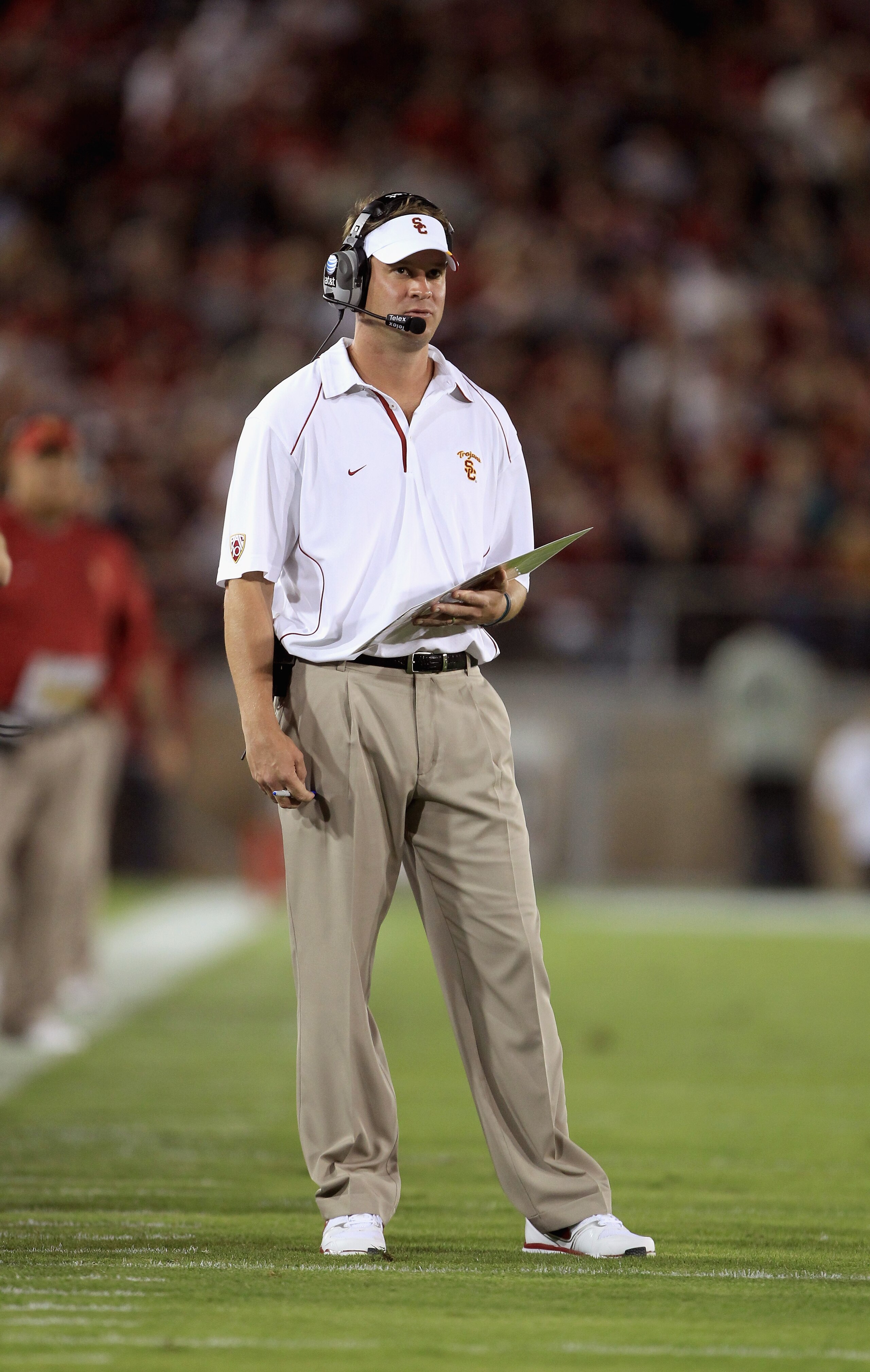 PALO ALTO, CA - OCTOBER 09:  USC Trojans head coach Lane Kiffin stands on the sidelines during their game against the Stanford Cardinal at Stanford Stadium on October 9, 2010 in Palo Alto, California.  (Photo by Ezra Shaw/Getty Images)