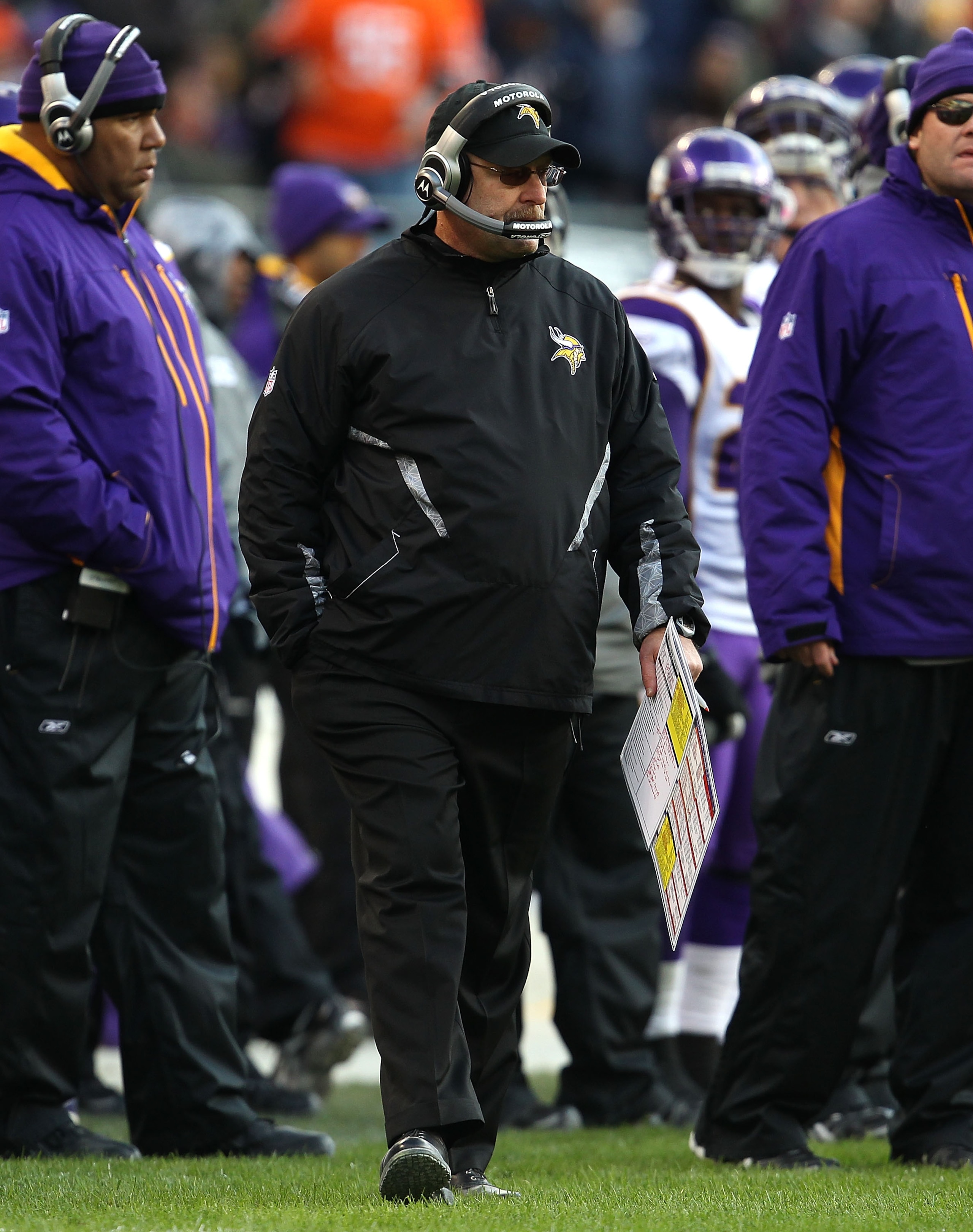 CHICAGO - NOVEMBER 14: Head coach Brad Childress of the Minnesota Vikings watches as his team takes on the Chicago Bears at Soldier Field on November 14, 2010 in Chicago, Illinois. The Bears defeated the Vikings 27-13. (Photo by Jonathan Daniel/Getty Imag