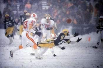 The Green Bay Packers defeated the Tampa Bay Buccaneers 21-0 in a blizzard  on Dec. 1, 1985, at Lambeau Field.