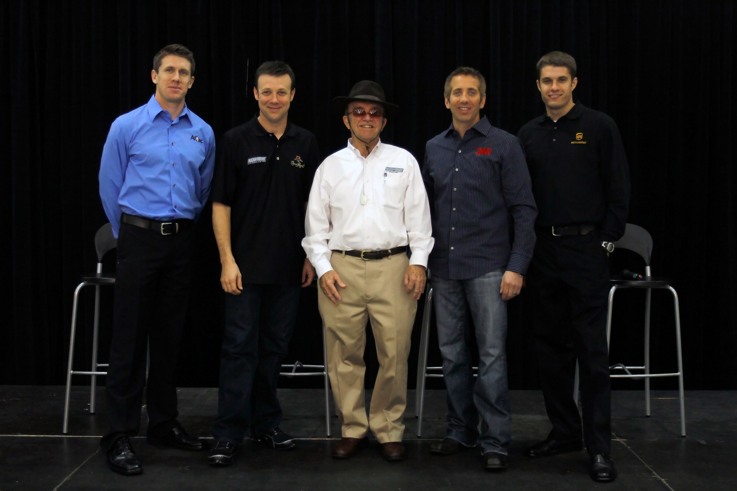 CONCORD, NC - JANUARY 27:  Team owner Jack Roush (C) poses with drivers (L-R) Carl Edwards, Matt Kenseth, Greg Biffle and David Ragan, during the NASCAR Sprint Media Tour hosted by Charlotte Motor Speedway, held at the Roush-Fenway hanger of Concord Regio