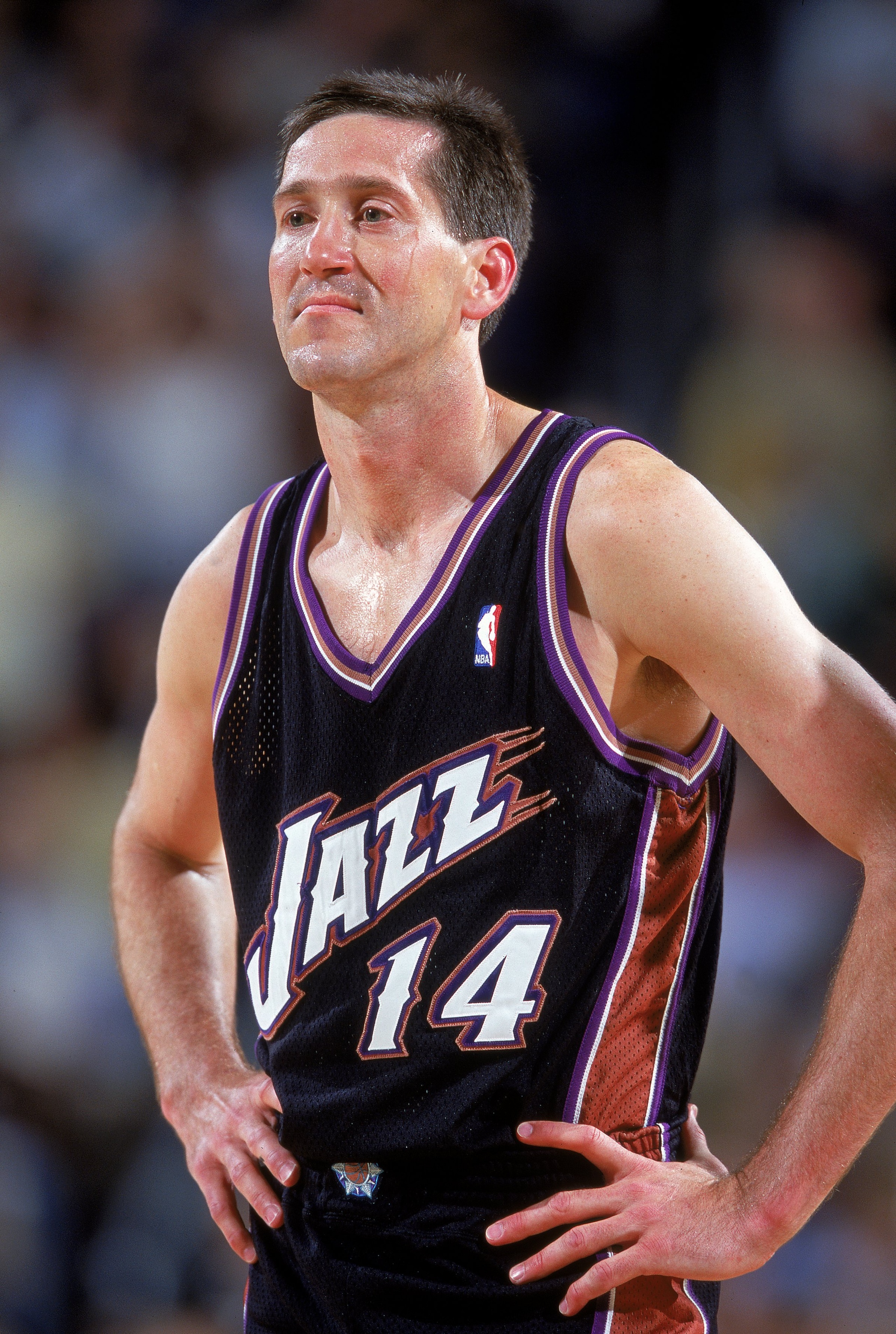 3 May 2000:  Jeff Hornacek #14 of the Utah Jazz looks on during the NBA Western Conference Playoffs Round One Game against the Seattle SuperSonics at Key Arena in Seattle, Washington. The SuperSonics defeated the Jazz 104-93.  NOTE TO USER: It is expressl