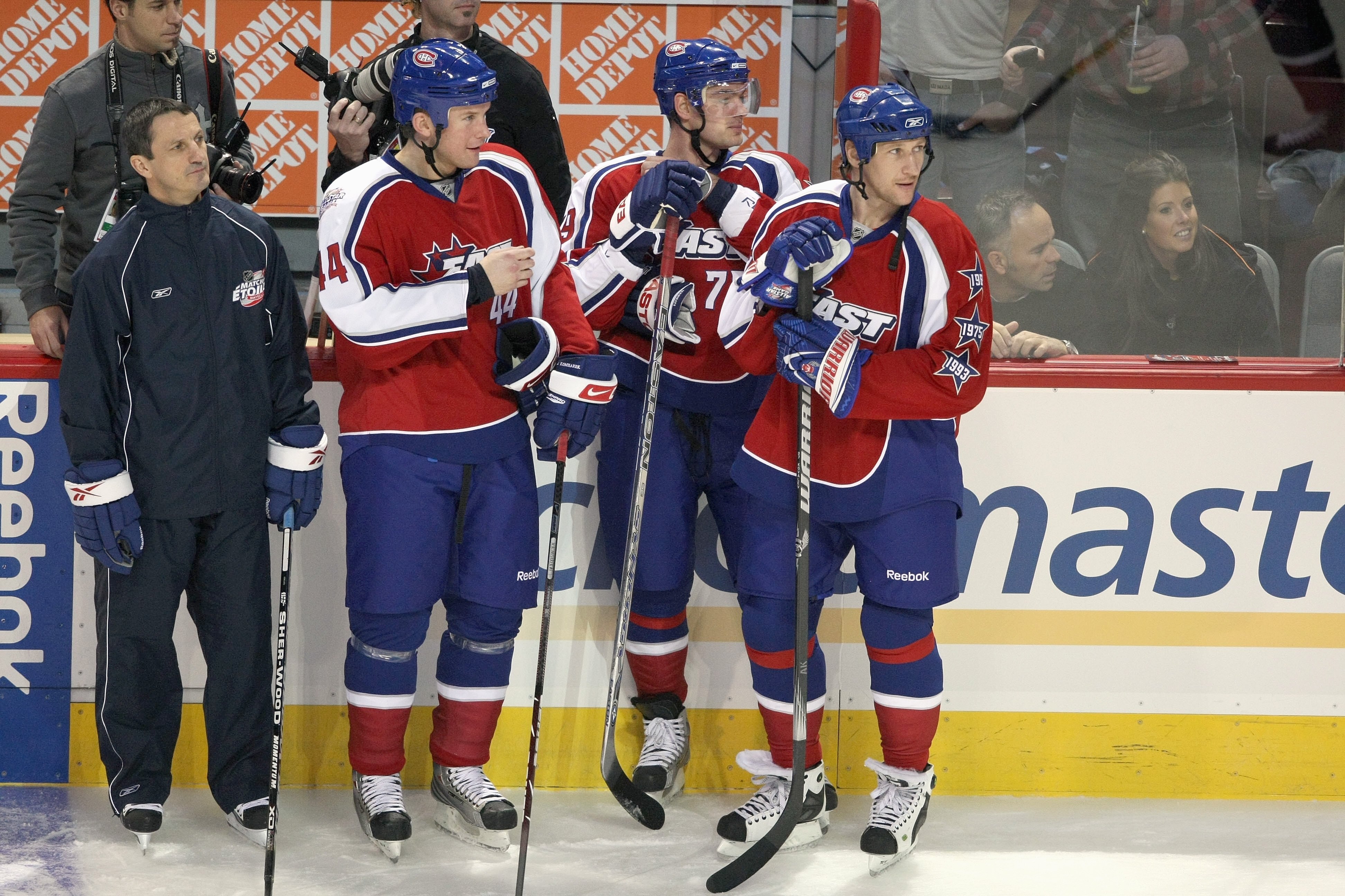MONTREAL - JANUARY 24:  (L-R) Head Coach Guy Carbonneau, Mike Komisarek, Andrei Markov and Alexei Kovalev of the Montreal Canadiens of the Eastern Conference All-Stars look on during the McDonalds/NHL All-Star Open Practice during the 2009 NHL All-Star we
