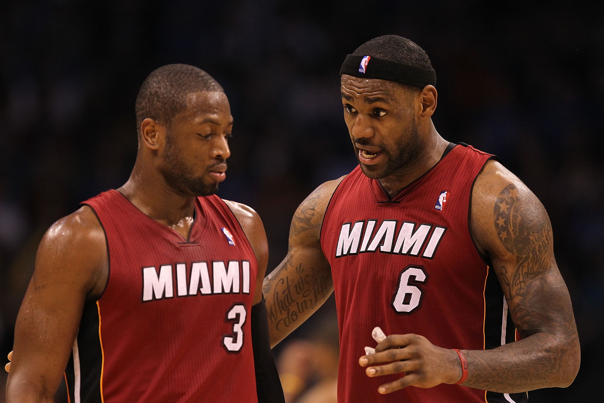 OKLAHOMA CITY, OK - JANUARY 30:  Forward LeBron James #6 and Dwyane Wade #3 of the Miami Heat during play against the Oklahoma City Thunder at Ford Center on January 30, 2011 in Oklahoma City, Oklahoma.  NOTE TO USER: User expressly acknowledges and agree