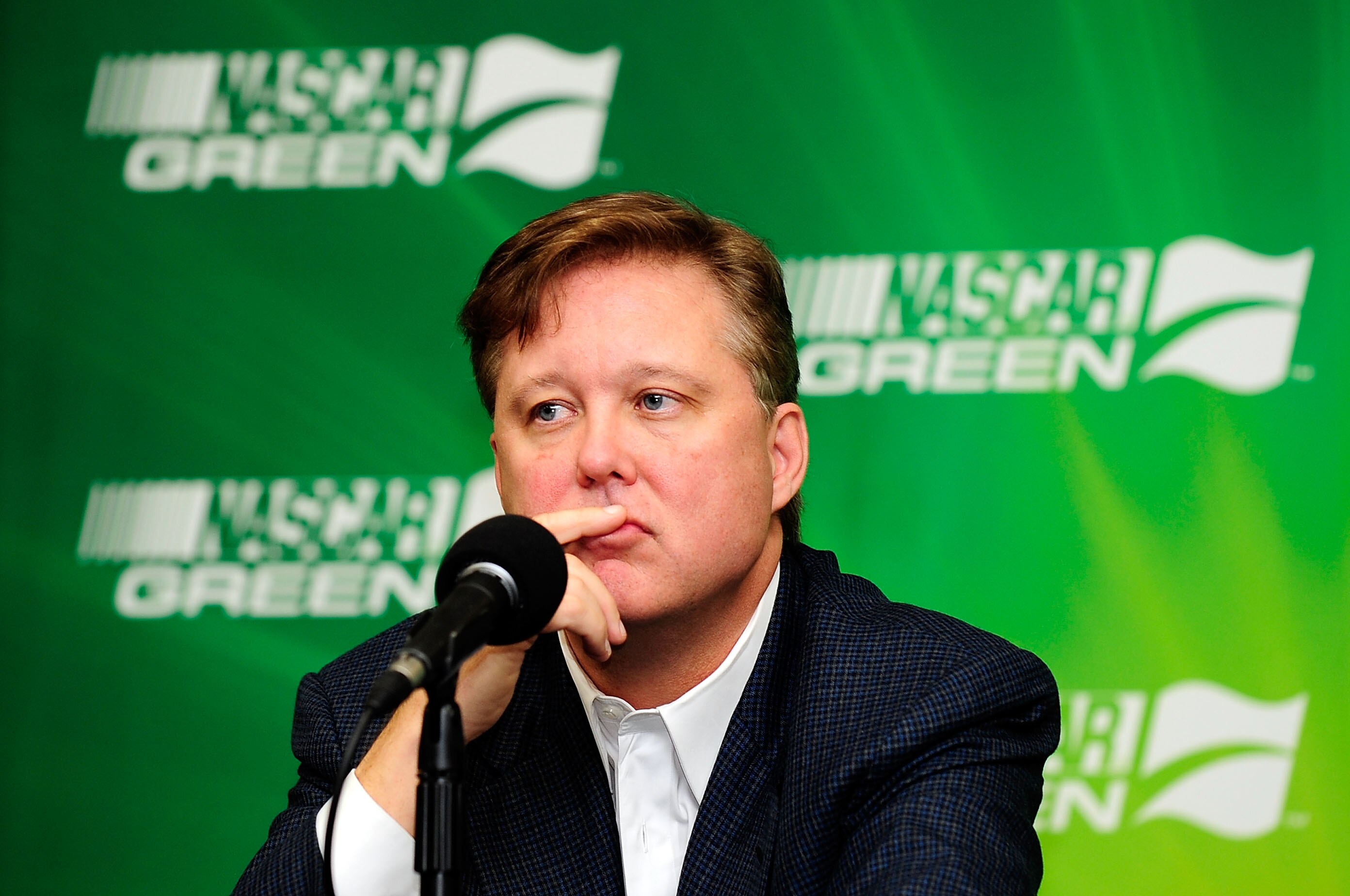 CONCORD, NC - OCTOBER 16:  NASCAR Chairman and CEO Brian France announces that NASCAR will move to a 15-percent ethanol fuel mix for the 2011 season prior the NASCAR Sprint Cup Series Bank of America 500 at Charlotte Motor Speedway on October 16, 2010 in