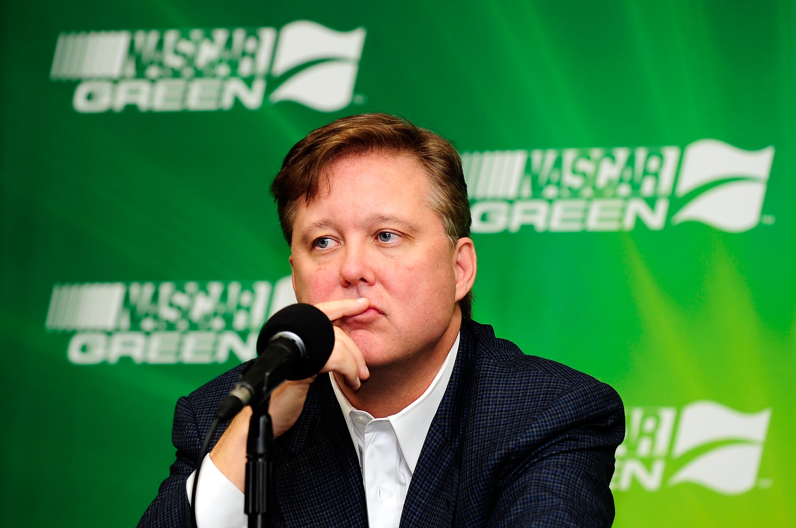 CONCORD, NC - OCTOBER 16:  NASCAR Chairman and CEO Brian France announces that NASCAR will move to a 15-percent ethanol fuel mix for the 2011 season prior the NASCAR Sprint Cup Series Bank of America 500 at Charlotte Motor Speedway on October 16, 2010 in